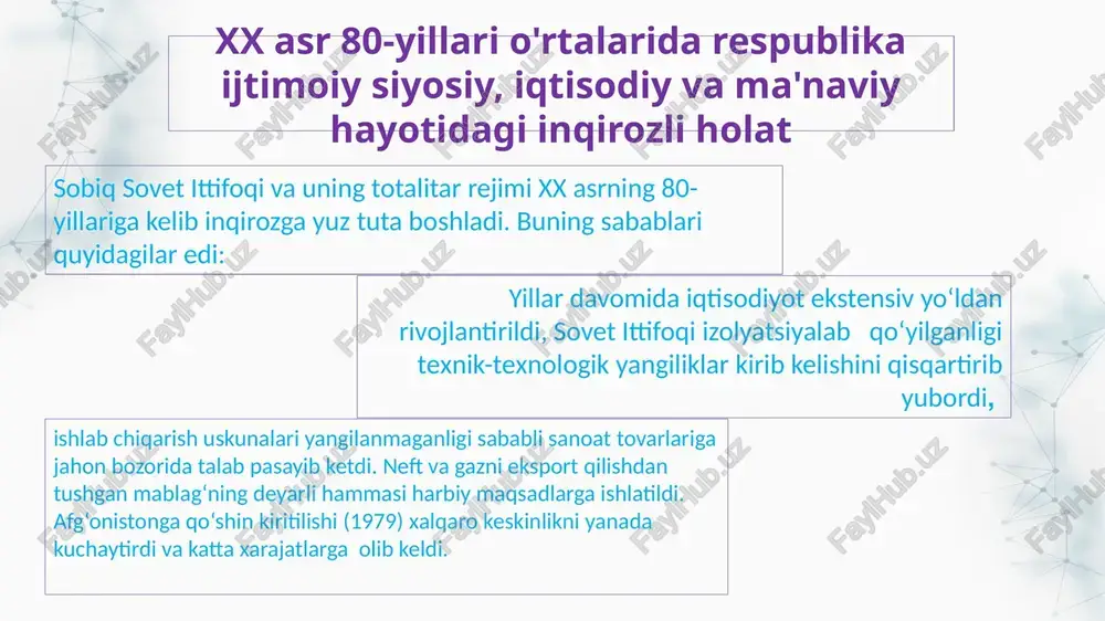 daniyati, qadr – qimmatini paymol etadi. o’zbekiston ssr kp mq, respublika ministrlar soveti, o’zbekiston ssr jliy soveti, o’zbekiston ssr prokuraturasi, o’zbekiston ssr iib kabi muhim boshqaruv bo’g’nlari shunday kadrlarning qo’liga o’tadi. ular respublikadagi ijtimoiy – siyosiy vaziyatni yanada keskinlashtirib yuboradi. natijada, “o’zbekiston tergov usullari o’tkaziladigan “maydon”ga aylanib qoladi. o’zbekistonda “o’zbeklar ishi” deb nomlangan qatag’onning boshlanishi "paxta ishi" moskva uchun o`zbek siyosiy kadrlarini tubdan o`zgartirish ishlarini amalga oshirish uchun dastak bo`ldi. paxta ishi korrupsiyaga qarshi kurashishdan ko`ra o`zbek milliy va partiyaviy rahbarlarini obrusizlantirish orqali o`zbek xalqi milliy ruhini zaiflashtirishga qaratildi. "paxta ishi" asta-sekin kengayib borib, o`zbekistonda 2600 kishi qamaldi. siyosiy va mafkuraviy zug‘umlarga qaramasdan ijtimoiy ong o‘zgara boshladi. ziyoliylar va omaviy axborot vositalari faolligi tufayli o‘tmish va hozirgi zamon muammolari to‘g‘risida munozaralar, turli qarashlar, nuqtai nazarlar bildiriladigan bo‘lib bordi. norasmiy guruhlar va tashkilotlar paydo bo‘la boshladi. 1989 yilda tashkil topgan “birlik” xalq harakati respublikadagi dastlabki norasmiy harakat edi. shuningdek, “o‘zbekiston erkin …