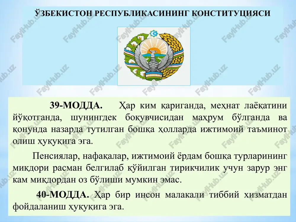 iyat hayotining barcha sohalarini rivojlantirishga qaratilgan hududiy ijtimoiy-iqtisodiy rivojlantirish dasturlari doirasida: 2633 ta investitsiya loyiha amalga oshirildi 17599 ta yangi ish o'rni tashkil etildi «xalq bilan muloqot va inson manfaatlari yili» davlat dasturi doirasida: tijorat banklari tomonidan 2,5 trillion so'm kreditlar ajratildi urush va mehnat fronti faxriylari aholining boshqa nochor qatlamlaridan 6955 nafari sanatoriylarda bepul sog'lomlashtirildi 1 2 3 13339 ta loyiha amalga oshirildi 2,1 trillion so'm kredit o'zlashtirildi 5 ta kichik sanoat zonasi tashkil etildi 4 10 ta erkin iqtisodiy zona tashkil etildi 5 jizzax viloyatida engil tijorat avtomobillarini ishlab chiqarish zavodi barpo etila boshlandi. 1991-2016 yillarda 79 ming, 2016-2020 yillarda 140 mingta yangi uy-joylar qurildi. 2021 yilda uy-joy bilan ta'minlash mo'ljallangan oilalar soni 54 ming nafar bo'lib, davlat ipoteka dasturi doirasida quriladigan uylar soni 45 mingtani tashkil etadi. 1990 yilga qadar bugungi kunda aholining uy-joyga bo'lgan ehtiyoji deyarli qondirilmasdi. uy-joy taqsimlash tartibi qo'pol tarzda buzilgan, gazlashtirish, suv ta'minoti, …