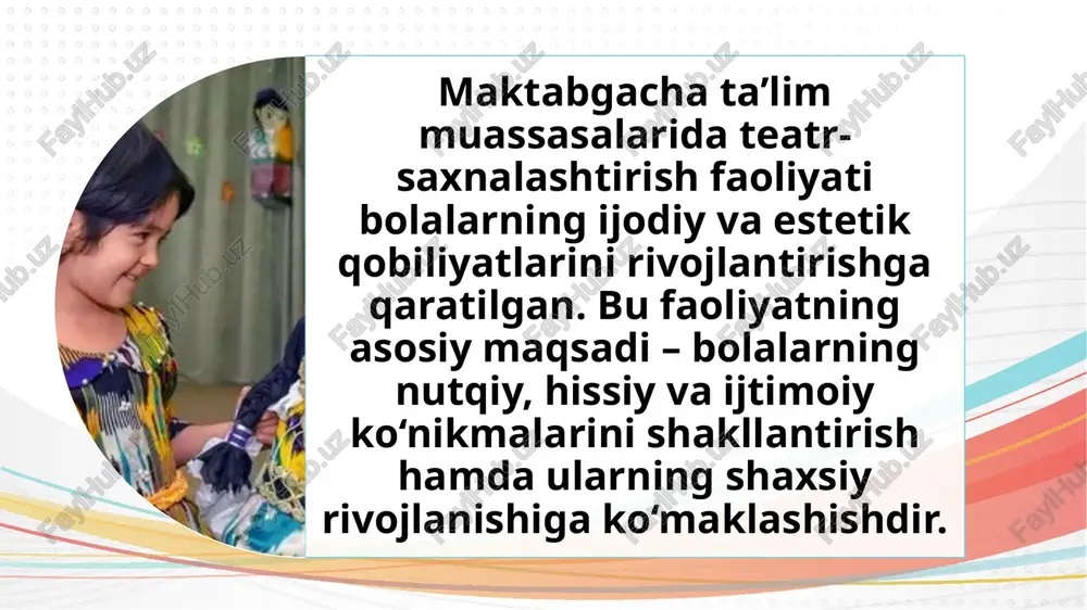 5. hissiy rivojlanish • bolalarning his-tuyg‘ularini erkin ifodalash va o‘z hissiyotlarini boshqarish ko‘nikmalariga e’tibor qaratiladi. • rollar orqali turli hissiy holatlar ifodalanadi. xulosa teatr-saxnalashtirish faoliyati maktabgacha yoshdagi bolalarning ijodiy va muloqot qobiliyatlarini rivojlantirishda muhim o‘rin tutadi. bu faoliyat bolalarning nutqiy rivojlanishi, tasavvur va hissiyotni ifodalash malakalarini shakllantirish bilan birga, ularni ijtimoiy muhitga tayyorlaydi. teatrlashtirish jarayonlari orqali bolalar o‘zlarini sahnada erkin tutishga o‘rganadilar, badiiy va ijodiy fikrlash qobiliyatlarini rivojlantiradilar. teatrlashtirish mashg‘ulotlari bolalar uchun qiziqarli va ta’sirchan bo‘lishi bilan birga, ularda ma’naviy qadriyatlarni singdiradi va ijodiy tafakkurni boyitadi. maktabgacha ta’lim muassasalarida bu faoliyat to‘g‘ri tashkil etilsa, bolalar hayotga tayyorgarlik ko‘rish va ijtimoiy ko‘nikmalarni egallash borasida katta yutuqlarga erishadi. foydalanilgan adabiyotlar: 1. qosimova, z. (2021). maktabgacha ta’lim metodikasi. toshkent: fan va texnologiya. 2. vygotskiy, l.s. (2006). bolalar ijodiyoti va rivojlanishi. moskva: pedagogika. 3. usmonova, m. (2019). bolalar uchun teatr va rolli o‘yinlar. toshkent: o‘qituvchi. 4. xolmurodova, r. (2018). maktabgacha ta’limda san’at va ijodkorlik. …
