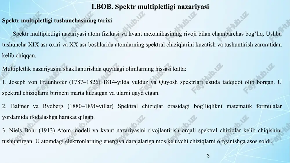 yoki molekulalarning spektrida kuzatiladigan mayda strukturalarni o‘rganishda katta ahamiyatga ega. multipletlik atom yoki molekulaning elektronlari orasidagi spin va orbital harakatlar o‘zaro ta’siri natijasida bir energiya darajasining bir necha kichik darajalarga bo‘linishi bilan izohlanadi 8 2.2-§. zamonaviy fizikada multipletlikni tadqiq qilish usullari multipletlikni tadqiq qilish zamonaviy fizikaning turli yo‘nalishlarida muhim ahamiyatga ega. bu tushuncha atom, molekula va qattiq jismlarning kvant mexanik xususiyatlarini tahlil qilishda keng qo‘llaniladi. multipletlikni o‘rganish uchun maxsus eksperimental va nazariy usullar ishlab chiqilgan bo‘lib, ular moddalar tarkibini, energiya darajalarini va kvant mexanik o‘zaro ta’sirlarni aniqlash imkonini beradi. quyida zamonaviy fizikada multipletlikni o‘rganishning asosiy usullari batafsil bayon etiladi. 9 atom-emissiya spektroskopiyasi (aes) 10 xulosa spektrning multipletligi atomlar va molekulalarning energiya darajalari bo‘linishi natijasida spektral chiziqlarning bir nechta yaqin joylashgan chiziqlarga ajralishini ifodalaydi. bu hodisa asosan spin-orbital o‘zaro ta’sirlar, tashqi magnit va elektr maydonlar ta’siri, shuningdek, kvant mexanik qonuniyatlar natijasida yuzaga keladi. spektrning multipletligi atomlar va molekulalar energiya holatlari orasidagi …