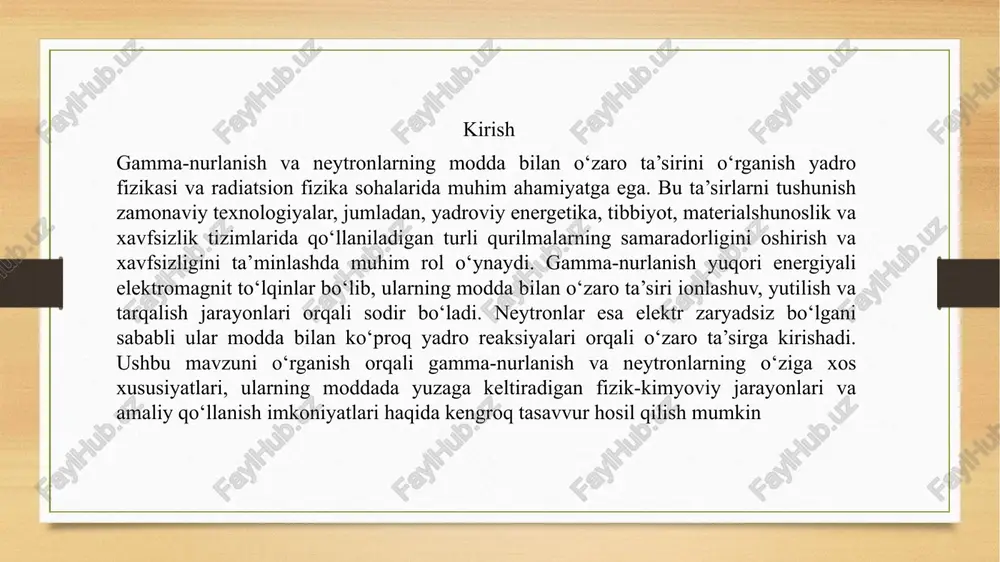 i - fizikaning neytronlar xossalari (massasi, radioaktiv yemirilishi, magnit xossalari va hokazo) va ular bilan bogʻliq boʻlgan turli jarayonlarni oʻrganadigan boʻlimi. neytron fizikasi neytron kashf qilingandan soʻng (1932) uning xossalarini oʻrganish asosida vujudga keldi va rivojlandi. sovuq va issiq neytronlar bilan oʻtkazilgan tajribalarda ularning toʻlqin xususiyatlari namoyon boʻlib, koʻpgina optik hodisalar kashf qilindi. bunday neytronlar xossalari optika usullari va asboblari yordamida oʻrganiladi. issiq neytronning moddada yutilishi katta boʻlganidan ularning har xil modsalar bilan oʻzaro taʼsiri natijasida elastik sochilish hodisasi va radiatsion tutuv (p, u) kabi ekzotermik reaksiyalar ketishi mumkin. neytronlar taʼsirida yadrolarning, ayniqsa, ogʻir yadrolarning boʻlinishi va boʻlinishning zanjirli reaksiyasi kabi muhim yadro reaksiyalari vujudga keladi. bunday reaksiyalarning ketishi ham neytronlar energiyasiga bogʻliq. ana shunday boglanishlar harakterini va ulardan foydalanish yoʻllarini (masalan, yadro texnikasida) neytron fizikasi oʻrganadi va aniqlaydi. neytronni aniqlash. bu yaxshi joylashtirilgan detektorga kiradigan neytronlarni foydali aniqlash. neytronlarni samarali aniqlashning ikkita asosiy jihati mavjud: jihoz va dasturiy ta'minot. …