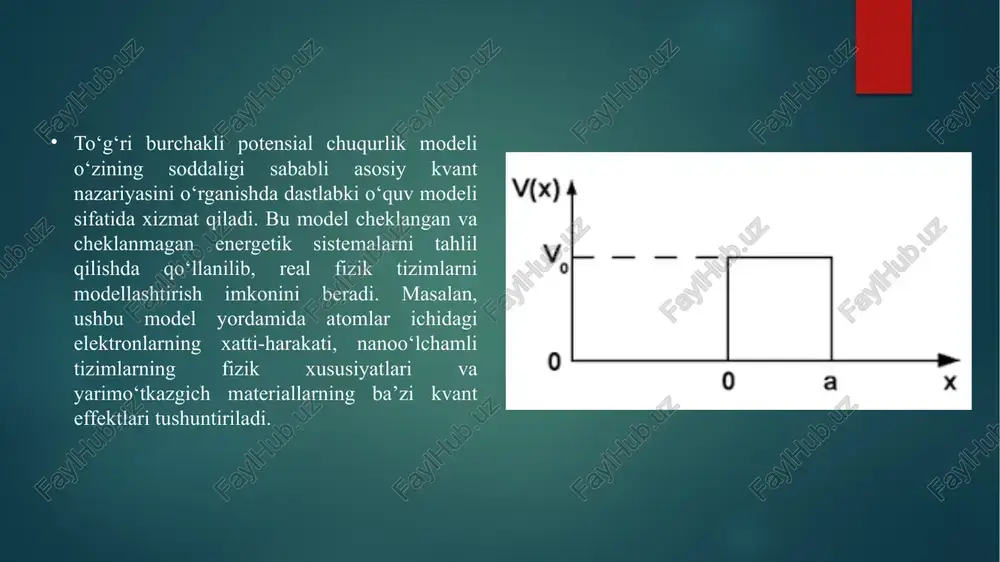 tom fizikasi va boshqa ko‘plab sohalarda keng qo‘llaniladi. modelning cheklovlari mavjud bo‘lsa-da, u o‘zining soddaligi va nazariy kuchi bilan ahamiyatlidir. kvantlashtirilgan energiya darajalari kvant mexanikasida zarrachalar, masalan, elektronlar, ma’lum potentsial maydonlar ichida harakatlanayotganida, energiya darajalari kvantlashtirilgan bo‘ladi. bu holat, zarralar harakati cheklangan bo‘lganda, masalan, to‘g‘ri burchakli potensial chuqurlik modelida ko‘rsatiladi. energiya darajalari, potentsial chuqurlik ichidagi zarraning holatini ifodalaydi va bu darajalar asosiy kvant raqami bilan belgilanadi. energiyaning kvantlanishi to‘g‘ri burchakli potensial chuqurlik modelida zarrachaning energiya darajalari quyidagi formula yordamida aniqlanadi: kvantlashtirilgan energiya darajalari bu holda potentsial chuqurlik ichida zarrachaning holatlarini va xatti-harakatlarini tushunishga yordam beradi. energiyaning kvantlanishi zarrachaning qiyofasini, kinematik xususiyatlarini va potentsialdan kelib chiqadigan energiya o'zgarishlarini belgilaydi. to‘lqin funksiyalari zarraning holati kvant mexanikasida to‘lqin funksiyasi yordamida ifodalanadi. potensial chuqurlikdagi to‘lqin funksiyalari zarrachaning xatti-harakatini va energiya holatlarini belgilaydi. to‘lqin funksiyalarining matematik ifodasi to‘lqin funksiyalari, shredinger tenglamasi yechimi sifatida, zarrachaning potentsial chuqurlik ichidagi harakatini ko‘rsatadi. ular quyidagi shaklda ifodalanadi: xulosa kvant …