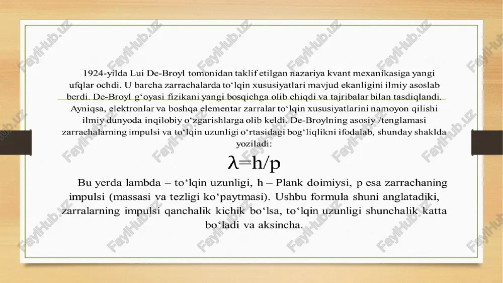 a metr yoki uning qisqa birliklarida o‘lchanadi. to‘lqin uzunligi yorug‘lik, tovush, elektromagnit to‘lqinlar va hatto modda zarralari uchun ham qo‘llaniladi. ​yorug‘lik va elektromagnit to‘lqinlar uchun to‘lqin uzunligi to‘lqinning energiyasi va chastotasi bilan bevosita bog‘liq. yorug‘lik tezligi, chastota va to‘lqin uzunligi o‘rtasidagi bog‘liqlik yorug‘lik tezligini chastotaga bo‘lish orqali aniqlanadi. bu bog‘liqlik yorug‘lik spektri bilan bog‘liq ko‘plab jarayonlarni tushuntirishda ishlatiladi. masalan, qizil yorug‘likning to‘lqin uzunligi binafsha yorug‘likning to‘lqin uzunligidan kattaroq bo‘ladi. to‘lqin uzunligi haqidagi bilimlar kvant texnologiyalarning rivojlanishida asosiy rol o‘ynadi. kvant kompyuterlar va kvant kriptografiya kabi sohalar to‘lqin uzunligi va zarrachalarning to‘lqin xususiyatlariga asoslangan. shuningdek, nanomateriallar fizikasi va kimyosida ham to‘lqin uzunligi tushunchasi asosiy ahamiyatga ega. to‘lqin uzunligi fizikadagi muhim tushunchalardan biri bo‘lib, u nafaqat elektromagnit to‘lqinlarni, balki zarrachalarning xatti-harakatlarini ham tushunishda asosiy rol o‘ynaydi. u yorug‘lik, tovush va boshqa to‘lqinlarni tahlil qilish uchun ishlatiladi. de-broylning to‘lqin uzunligi haqidagi g‘oyalari kvant mexanikasining rivojlanishiga katta hissa qo‘shdi va ilm-fan tarixida yangi davrni …