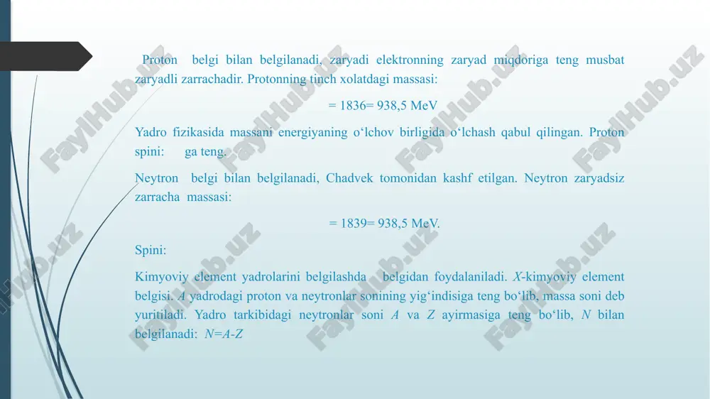 ʻzidan parchalanishga moyil boʻladi. bu jarayon radioaktiv parchalanish deb ataladi. parachalanish turlari: radioaktiv parchalanishning asosiy turlari: alfa parchalanish, beta parchalanish (β⁻ va β⁺) va gamma nurlanish. parchalanish zanjirlari: baʼzi ogʻir yadrolar bir necha bosqichda parchalanish orqali barqaror holatga oʻtadi. yadro bo'linishi og‘ir yadro neytronlar bilan bombardimon qilinganda, ikkita (yoki undan ko'p) kichikroq yadrolarga bo‘linish jarayoni. bu jarayonda bir nechta neytronlar ham ajralib chiqadi, bu esa zanjirli reaksiyani amalga oshirishga imkon beradi. misol: ²³⁵u + ¹n → ¹⁴¹ba + ⁹²kr + 3¹n + energiya yengil yadrolarning yuqori harorat va bosim sharoitida birlashib, og‘irroq yadro hosil qilishi jarayoni: misol: ²h + ³h → ⁴he + ¹n + energiya bu jarayonda ham juda katta miqdorda energiya ajralib chiqadi. radioaktiv parchalanish beqaror yadrolarning o'z-o'zidan, tashqi ta'sirlarsiz, barqarorroq holatga o'tish uchun parchalanishi hisoblanadi. alfa () parchalanishga misol: ²³⁸u → ²³⁴th + ⁴he beta parchalanish (β⁻): neytronning protonga va elektronga parchalanishi natijasida yadro atom raqamining o‘zgarishi, …