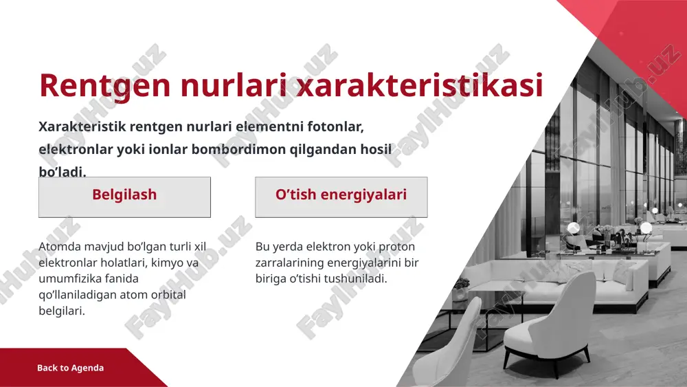 va kristall tuzilmalarni aniqlashda muhim vosita sifatida xizmat qiladi. rentgen nurlari o‘zining yuqori penetratsion qobiliyati va tasvirlash imkoniyatlari bilan tibbiyotda, ayniqsa rentgenografiya va tomografiya kabi usullar orqali inson organizmining ichki tuzilishini aniq tasvirlashda ulkan ahamiyat kasb etadi. shuningdek, rentgen nurlari sanoat va ilmiy tadqiqotlarda yangi materiallar ishlab chiqishda va ularning sifatini aniqlashda keng qo‘llaniladi.umuman olganda, rentgen nurlarining fizikasi va ularning turli materiallarda qanday o‘zgarishi haqidagi bilimlar zamonaviy ilm-fanning rivojlanishida muhim rol o‘ynaydi. rentgen nurlarining spektral xususiyatlari, mozi qonuni va difraksiya jarayonlari haqida to‘liq tushunchalar, yangi ilmiy kashfiyotlar va texnologik yangiliklarga olib kelishi mumkin. shunday qilib, rentgen nurlari nafaqat ilmiy izlanishlar, balki amaliy qo‘llanmalar nuqtai nazaridan ham katta ahamiyatga ega. image1.png image2.png image3.png image4.jpeg image5.png image6.png image7.png image8.png image9.png /docprops/thumbnail.jpeg