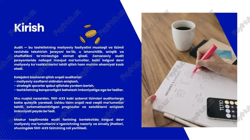 o‘sish sur’ati, aktivlar tarkibidagi o‘zgarishlar, balansdagi nisbatlar — bularning barchasi auditorlar tomonidan tahlil qilinadi va kelajakda qanday holatlar yuzaga kelishi mumkinligi haqida xulosa chiqariladi. yana bir muhim usul — regressiya modellari. bu usulda auditorlar statistik tahlil orqali o‘zgaruvchilar o‘rtasidagi bog‘liqlikni aniqlaydilar. masalan, ishlab chiqarish hajmi va xarajatlar o‘rtasidagi munosabat, daromadlar va marketing xarajatlari o‘rtasidagi bog‘liqlik kabi ko‘rsatkichlar regressiya yordamida tahlil qilinadi. bu usul auditorlarga kelajakdagi moliyaviy natijalarni aniqroq prognozlash imkonini beradi. so‘nggi yillarda sun’iy intellekt (ai) va axborot tizimlari asosidagi prognozlash usullari keng qo‘llanilmoqda. ayniqsa, 560-axs kabi tizimlar auditorlarga katta hajmdagi ma’lumotlarni tez va aniq tahlil qilish imkonini yaratadi. bu tizimlar real vaqtli monitoring, avtomatlashtirilgan xatolik aniqlash, prognozlar tuzish va vizual tahlillarni amalga oshirishga qodir. sun’iy intellekt algoritmlari o‘z- o‘zini o‘rgatish orqali kelajakdagi moliyaviy holatlarni bashorat qilishda an’anaviy usullarga qaraganda ko‘proq aniqlik va tezlikni ta’minlaydi. kelajakni bashorat qilish usullari auditorlar uchun nafaqat xulosa chiqarish, balki tashkilot rahbariyatiga strategik tavsiyalar berish, …