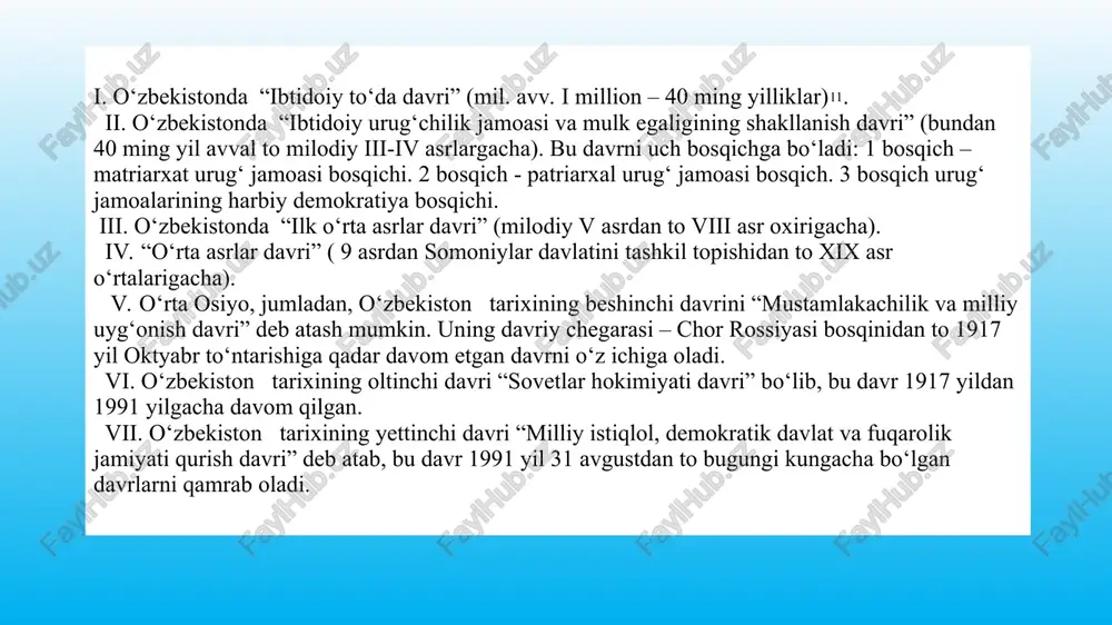 y va boy tarixga ega bo’lgan o‘zbek xalqining bir necha ming yillik tarixiy va ma’naviy taraqqiyotini o’rganuvchi va o’rgatuvchi, g’urur va iftixor tuyg’ularini uyg’otuvchi fandir. “o‘zbekistonning eng yangi tarixi” o’quv faning vazifasi – mustaqillikka erishish arafasida o‘zbekistonda yuzaga kelgan murakkab vaziyatni hamda mustaqillik yillarida davlat boshqaruvi, ijtimoiy-iqtisodiy, siyosiy va ma’naviy hamda boshqa sohalardagi islohotlarning mazmun-mohiyatini tushinish, ularni vatanga sadoqat va muhabbat ruhida tarbiyalash hamda milliy g’ururni shakllantirishdan iborat. “ institut bakalavr yo’nalishida ta’lim olayotgan talabalar bilishi kerak bo’lgan umumiy bilim doirasi “o‘zbekistonning eng yangi tarixi “fani oldiga quyidagi vazifalarni qo’yadi: birinchidan, yurtimiz tarixini o’qish va o’rganish jarayonida yoshlarda tarixiy bilimlar, ilmiy-nazariy tushunchalar va tasavvurlar shakllanmog’i lozim. chunki voqyea va hodisalarni bilmasdan, ular haqida tushuncha va tasavvurga ega bo’lmasdan turib mustaqillik haqidagi dunyoqarash haqida gap yuritish mumkin emas; ikkinchidan, vatan tarixini yoritish, o’qitish va o’rganish jarayonida chuqur ilmiylik, xolislik, tarixiy haqiqatning ustuvorligi asosiy va bosh yo’nalish bo’lishi lozim; uchinchidan, tarixining har …