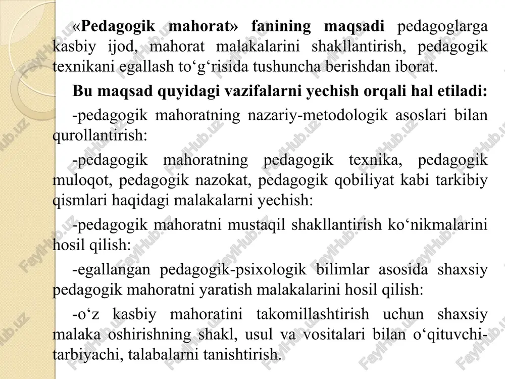 rning bolalari uchun maxsus maktablar tashkil etilgan, qadimgi gresiyada bolalarni o‘qitadigan kishini didaskal ("o‘qitaman", "o‘rgataman") deb ataganlar. o‘g‘il bolalarni maktabga qullardan biri boshlab borgan, bunday qul pedagog ("paye") bola, "agogayin" yetaklab bormoq) deb atalgan. bu tushunchalar hozirda ham o‘qituvchiga nisbatan ishlatilib kelinadi. lekin uning mohiyati boshqacha ahamiyat kasb etadi. pedagogik mahoratning asosiy tarkibiy qismlari quyidagilardan iborat: a) o‘qituvchi faoliyatining insonparvarlik yo‘nalishi; b) ixtisosga doir bilimlar mutaxasislik fanini, uni o‘qitish metodikasini pedagogika va psixologiyani chuqur bilish; v) pedagogik qobiliyat (bilish, tushuntira olish, ko‘zatuvchanlik, obru orttira olish, to‘g‘ri muomala qila olish, kelajakni ko‘ra bilish, diqqatni taqsimlay olish qobiliyatlari va pedagogik nazokat odob-axloq); g) pedagogik texnika (nutq malakasi, mimik pontamimik ifodaliligi, o‘z hissiy holatini boshqarishi). pedagogik mahorat – bu pedagogik (o‘quv tarbiyaviy) jarayonining barcha shakllarini eng qulay va samarali holatda tashqil etish, ularni shaxs kamoloti maqsadlari tomon yo‘llantirish, tarbiyalanuvchilarda dunyoqarash, qobiliyatni shakllantirish va ularda jamiyat uchun zarur bo‘lgan faoliyatga moyillik uyg‘otishdir. 3. pedagogik …