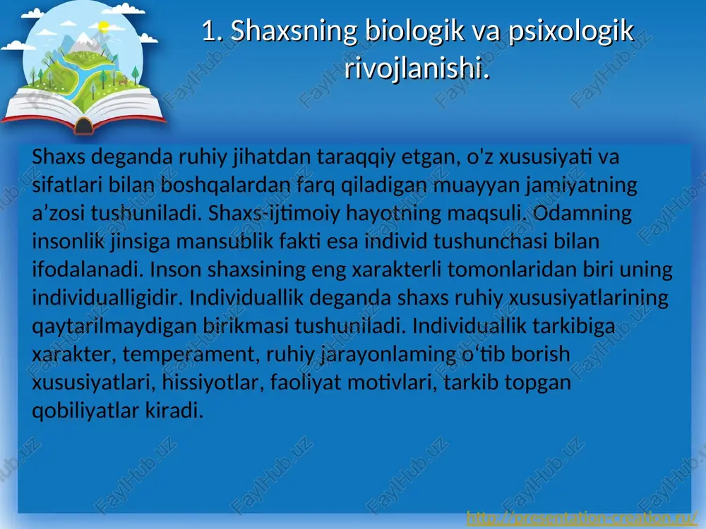 yati, tafakkur va nutq ham tug’ma o’tishi mumkin, lekin bu tug‘ma imkoniyatlar rivojlanishi uchun inson bolasi insoniy muhit, odamlar orasida yashashi, odamlar bilan aloqa qilishi, ijtimoiy hayotda qatnashishi va ma’lum xulq-odob qoidalariga amal qilishi lozimdir. ijtimoiy muhitning buyuk insonlar shakllanishidagi o‘mi muhim bo'lib, alisher navoiy-shoir, eynshteyn-fizik, ulug’bek-astronom, ibn sino-tabib bo'lib tug'ilmagan, albatta. ulardagi qobiliyat kurtaklarining rivojlanishi, iste’dodga aylanishida ijtimoiy muhit, ta’lim-tarbiya muhim rol o'ynagan. http://presentation-creation.ru/ ta’lim-tarbiya insonning shakllanishida yetakchi rolni o'ynaydi, ta’lim-tarbiya natijasida irsiyat va muhitning stixiyali ta’siri bera olmaydigan o'qish, yozish, mehnat, malaka va ko'nikmalar egallanadi http://presentation-creation.ru/ http://presentation-creation.ru/ shaxsning rivojlanishida «faoliyat», «faollik» tushunchalarining o‘rni beqiyos. buyuk insonlar o‘z sohalarida yuksaklikka erishish uchun tinmay mehnat qilganlar. . http://presentation-creation.ru/ . http://presentation-creation.ru/ mavzu yuzasidan savollar shaxs va individ bir-biridan nimalar bilan farq qiladi? 2. rivojlanish deganda nimani tushunasiz? 3. shaxs rivojlanishida biologik omilning o‘mini qanday tushunasiz? 4. shaxs shakllanishida ijtimoiy muhitning ahamiyatini ko‘rsatuvchi misollar keltira olasizmi? 5. shaxs rivojlanishida ta’lim va tabiya …