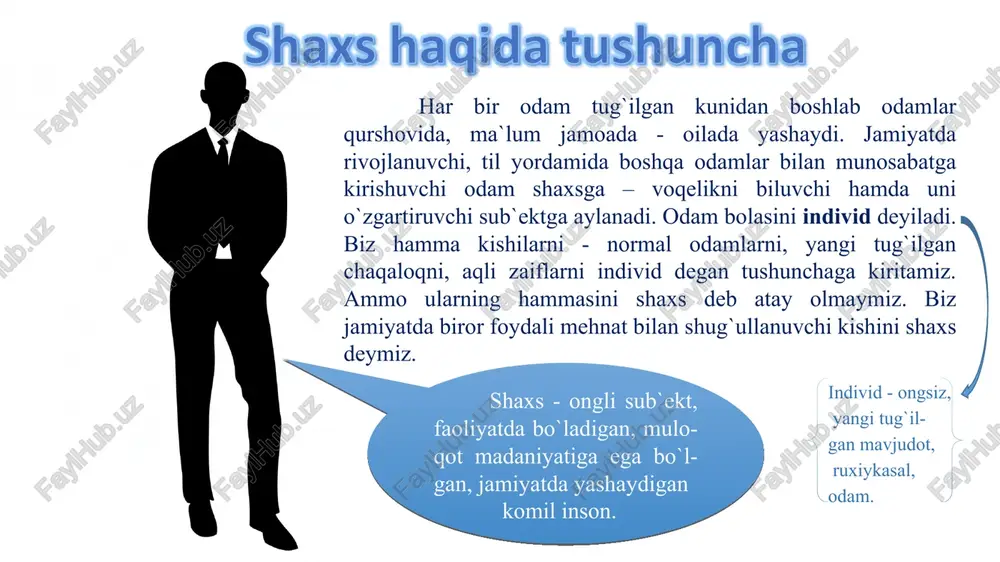 lan bog`liq bo`lgan motivlar yoki ma`naviy ehtiyojlarning qondirilishi bilan bog`liq bo`lgan motivlar bo`lishi mumkin. motivlar anglanilgan va anglanilmagan bo`lishi mumkin. anglanilmagan motivda odam nimanidir istaydi, ammo o`sha narsa nimaligini tasavvur qila olmaydi. demak, motivlar inson shaxsi xulq - atvorini va turli faoliyatlarini harakatga keltiruvchi sabablardir faoliyat deb, shaxsning o`z ehtiyojlarini qondirish uchun ko`rsatadigan jismoniy va psixik (ruxiy) faolligiga aytiladi. inson faolligining o`ziga xos xususiyati shundan iboratki, faoliyatni mazmuni, ana shu faoliyatni yuzaga keltirgan ehtiyojning bir o`zi bilangina belgilanmaydi. agar ehtiyoj faoliyatga motiv sifatida madad berib, uni rag`batlantirib tursa, faoliyatning shakli va mazmuni ijtimoiy sharoitlar, ijtimoiy talablar hamda tajribalar bilan belgilanadi. f a o l i ya t n i ng m u h i m x u s u s i ya t l a r i hayvonlar faolligi inson faoliyati instinktiv - biologik faollik bilishga va muloqotga bo`lgan ehtiyojlar bilan yo`naltirilgan. hamkorlikdagi faoliyat emas, to`da bo`lib yurish, biologik maqsadlar …