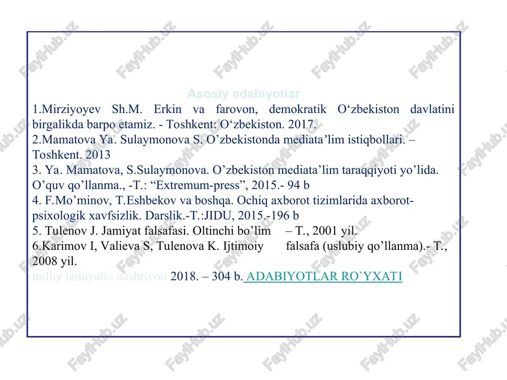 iy unsurlar, axborot savodxonligi. jurnalistning axborot savodxonligi qaror qabul qilish va borliqning dolzarb muammolarini tahlil qilish maqsadida ijtimoiy ahamiyatga ega bo’lgan axborotni olish, tushunish, baholash, moslash, generatsiya qilish, saqlash va namoyish qilish uchun kerak bo’lgan bilimlar, ko’nikmalar va mahorat majmuasini bildiradi. bunday bilimga ega bo’lgan jurnalist quyidagi bazaviy ko’nikmalarga ega bo’ladi: –tanqidiy tafakkur, – axborotni tahlil qila bilish va undan keyingi bosqichda materialda ko’tarilgan muammoni hal etishda foydalanish, – mustaqil ta’lim olish qobiliyati, – davlat faoliyati va demokratik jarayonlarda ishtirok etishga imkon beruvchi shaxsiy media-resurslarni yaratish. mas tarkibini quyidagi asosiy tushunchalar tashkil etadi: axborot savodxonligi o’z fikrini erkin bayon etish savodxonligi kutubxona savodxonligi; yangiliklar savodxonligi; kompyuter savodxonligi; internet-savodxonligi; raqamli texnologiyalar sohasidagi savodxonlik kinosavodxonlik elektron o’yinlardan foydalanish savodxonligi media savodxonlik televizion savodxonlik, reklama sohasidagi savodxonlik. axborot turlari matn. matn – bu ma'lumotlarni ifodalash shakli bo'lib, u mazmunan yagona, yaxlit va tanlangan tilning belgilari ketma-ketligidan iborat. matn hujjat asosidir. tasvir. tasvir – …