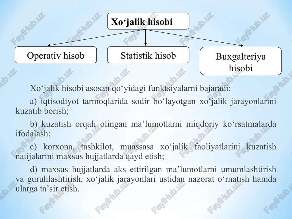 ing qiymatini tayyorlanayotgan mahsulot tanarxiga butunlay o‘tkazadi. natura o‘lchovlari – hisobga olinayotgan xo‘jalik mablag‘lari va ularning xarakatlarini natura holida ifodalash uchun xizmat qiladi. natura o‘lchovlarini qo‘llash hisobga olinayotgan ob’ektning xususiyatlari, ya’ni uning fizik va iste’mol hossasi farq qiladi. masalan, hisob ob’ektlari: og‘irlik birligida (gramm, kilogramm, tsentner, tonna); hajm birligida (metr, kubometr); uzunlik birligida (santimetr, metr, kilometr); hisob birligida (dona, bosh) va boshqalarda o‘lchanadi. natura o‘lchov birliklari moddiy qiymatliklarni hisoblash, tortish va o‘lchash natijasida olingan ma’lumotlarni hisobga olish, ularning miqdor hamda sifat o‘zgarishlari ustidan nazorat olib borish uchun qo‘llaniladi. ular yordamida umumlashtiruvchi ko‘rsatkichlarning olinishi istisno qilinadi. mehnat o‘lchov birligi – mahsulotni ishlab chiqarish yoki sarf qilingan mehnat sarfini o‘lchash uchun mo‘ljallangan. ularning o‘lchov birligi bo‘lib minut, soat, kun va dekadalar hisoblanadi. ular yordamida mahsulot ishlab chiqarish me’yorlari, mehnat unumdorligi, ish haqini hisoblash va boshqalar nazorat qilinadi. mehnat o‘lchov birligi yordamida mehnat unumdorligini aniqlash imkoni natura o‘lchov birligi bilan birga ishlatilgandagina aniqlash …