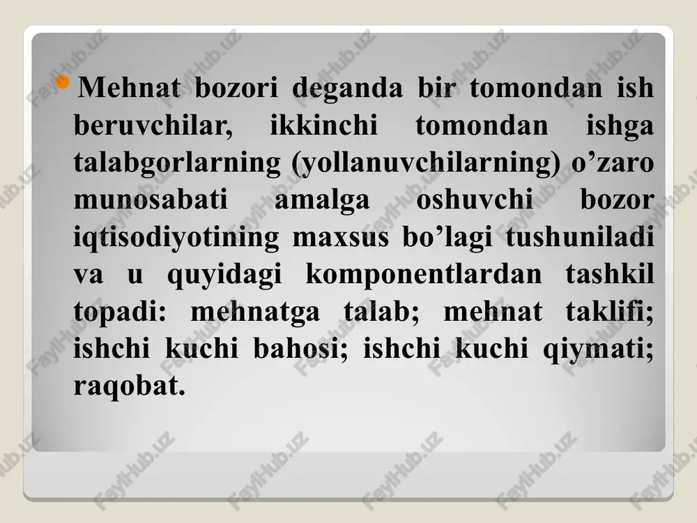 n aholi - aholining ishchi kuchi tarkibiga kirmaydigan qismidir. iqtisodiy faol bo`lmagan aholi quydagi toifalardan iborat: -ishlab chiqarishdan ajratilgan holda ta’lim olayotgan hamda ish xaqiga yoki mehnat daromadiga ega bo’lmagan o’quvchilar va talabalar; -uy bekalari hamda bolalarni parvarish qilish bilan band bo’lgan ishlamayotgan ayollar; -ko’char va ko’chmas mulkdan daromad olayotgan ishlamayotgan shaxslar; -ixtiyoriy ravishda mehnat bilan band bo`lmagan shaxslar. demak, iqtisodiy faol bo’lmagan aholi – iqtisodiy faol aholi tarkibiga kirmaydigan mehnat yoshidagi mehnatga qobiliyatli aholi. . 1. iqtisodiy faol aholi koeffitsenti: 2.mehnat resurslarining bandlik koeffitsenti: 3. ishsizlik koeffitsenti: 4. ro’yxatdan o’tgan ishsizlar koeffitsenti: 5. iqtisodiy faol aholining yuklama koeffitsenti: 6. iqtisodiy nofaol aholi koeffitsenti: 7. aholi tarkibining samaradorlik koeffitsenti: 8. koeffitsenti bo`shash koeffitsenti mehnat resurslarning almashuv koeffitsentilari potensial almashuv koeffitsenti nafaqa yoshdagilar bo`yicha yuklama koeffitsenti umumiy yuklama koeffitsenti a ifa k ifa 100 × = aholi faol iqtisodiy ifa , - soni. rtacha o' aholini - a ifa b k …