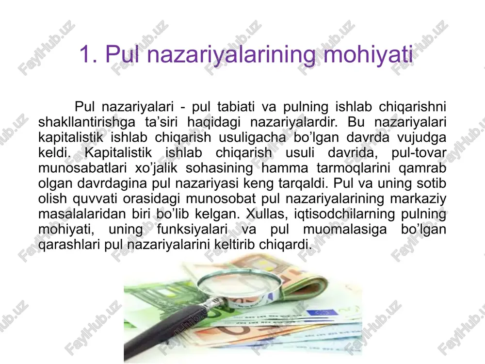 nda ediki, muomaladagi banknotalar 12-12,5 kg. atrofidagi oltin quymalarga almashtirilardi. 12,5 kg. lik quymaga banknotani almashtirish uchun angliyada 1700 ft. st., fransiyada 215 ming fr. talab qilinar edi. bu bilan oltin muomaladan xalqaro aylanmaga chiqarildi. ichki aylanmada esa bunday imkoniyatga faqatgina yirik firmalar va puldorlar ega bo’lib qoldilar xolos. 3. oltin deviz standarti. oltin quyma standartiga kirmagan mamlakatlarda banknotalarni bevosita oltinga almashtirish tiklanmadi. bu mamlakatlar o’z pullarini oltin quyma standartiga kiruvchi mamlakatlarning devizlariga (ya’ni valyutalariga) almashtirishini mo’ljallagan edilar. bu bir mamlakat valyutasining ikkinchi davlat valyutasiga bog’liqlarini keltirib chiqarar edi. pul tizimining bu ko’rinishi oltin deviz standart nomini oldi. 1929-33 yillardagi jahon inqirozidan keyin barcha mamlakatlarda oltin deviz standartining ba’zi elementlarini oltin dollar standart o’zida olib qoldi. bu standartning o’ziga xos xususiyati shunda ediki: birinchidan, bu standartdan foydalanish huquqi faqatgina chet el emission banklari uchungina saqlab qolingan edi. ikkinchidan, bu standartda faqatgina aqsh dollarigina oltin bilan aloqasini saqlab qolgan edi xolos. …