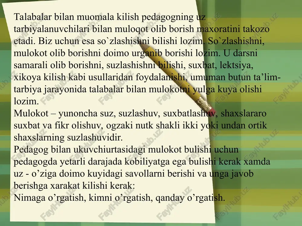 kllari: buyruk, kursatma berish, kullanma bilan ishlash, xayfsan e’lon kilish. muomalada kupol, dagal, duk-pupisali majbur etish, kurkitish, chuchitish orkali kirishadi. avtoritar uslubning ijobiy tomoni favkulodda vaziyatlar ishlatilishi (yonginda, suv toshkinida) 2. demokratik uslub. jamoa fikriga tayanib ish olib boradi. jamoa fikrini, tashabbusini ma’qullaydi, rivojlantiradi, boshkalar fikriga hurmat bilan qaraydi. boshqalar fikrini o’ziniki kilib oladi. 3. liberal uslub. tashabbussiz jamoa ishiga aralashmaydi, xamma masalalarni yuzaki karab chikadi. o’zining fikri yuk, javobgarlikdan o’zini chetlatadi. ish natijasi bilan kizikmaydi. talabalarga e’tiborsizlik bilan, begam karaydi. uz ishiga sovukkonlik bilan karaydi. kurkuv orkali munosabat - dialog va monolog olimlar zamonaviy o’qituvchilar uchun eng zarur xislatlarni aniqlab o’qituvchi professiogrammasining ta’miniy modelini namunasini aniqlab berish imkoniga ega bo’ladilar. maktabning o’qituvchi – murabbiysi professiogrammasini misol qilib keltirish. o’qituvchining shaxsiy xislatlari; kasbiga mos bilimi; o’z kasbiga xos xislatlari. shaxsiy – pedagogik uddaburonligi; tashkilotchilik malakalari; kommunikativ malakalari; gnostik malakalari; ijodiy xislatlari. professiogramma yoshlarga o’zlarining kelgusida o’qituvchilik kasbini to’g’ri va ongli …