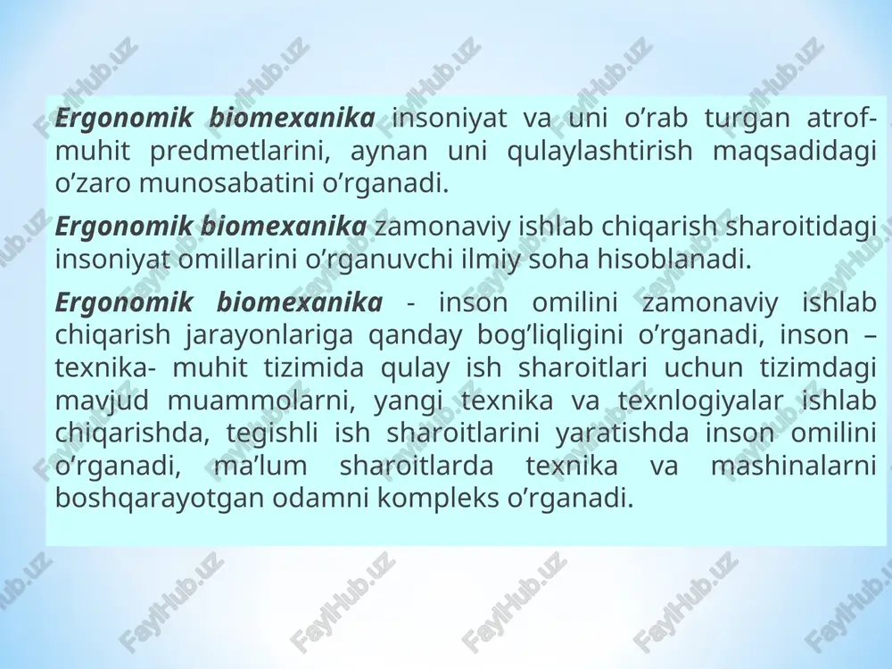 etrik – inson antropometrik xususiyatlarning mahsuliga muvofiq. bu ko’rsatkichlar guruhi ratsional va qulay inson gavdasining holatini, gavdani to’g’ri tutishini, insonni tez charchashning oldini olishini ta’minlashi kerak. fiziologik – insonning sezish organlarining ishlash xususiyati mahsuliga muvofiqligi bilan aniqlanadi. ular insonning ishlash tezligi va hajmiga hamda sezgi organlari orqali keladigan ko’rish, eshitish, sezish, ta’m bilish va hid bilish axborot hajmiga ta’sir qiladi. psixologik – insonning psixologik xususiyatlari mahsuliga muvofiq qiladi. axborotni qabul qilish va uni qayta ishlash imkonini beradigan, insonda bo’lgan va qayta shakllanadigan malaka mahsuliga muvofiq tavsiflovchi ko’rsatkichlar. ergonomika tarixi.insonning mehnat faoliyati uchun eng oʻngʻay mehnat qurollari, eng qulay mehnat sharoitlari yaratish yoʻlidagi dastlabki qadamlar 20-asr boshlarida boshlandi. bu sohada birinchi keng miqyosdagi amaliy tadqiqotlar amerikalik amaliyotchi muhandis va menejer, ilmiy boshqarish maktabi asoschisi u.f.teylor tomonidan bajarildi. ergonomika ishlab chiqarishning amaliyot ehtiyojlari taʼsirida, korxonalar faoliyatida inson omili rolining ortib borishi, fan-texnika taraqqiyoti natijasida ilmiy amaliy fan sifatida paydo boʻldi. eksperimental psixologiya, …