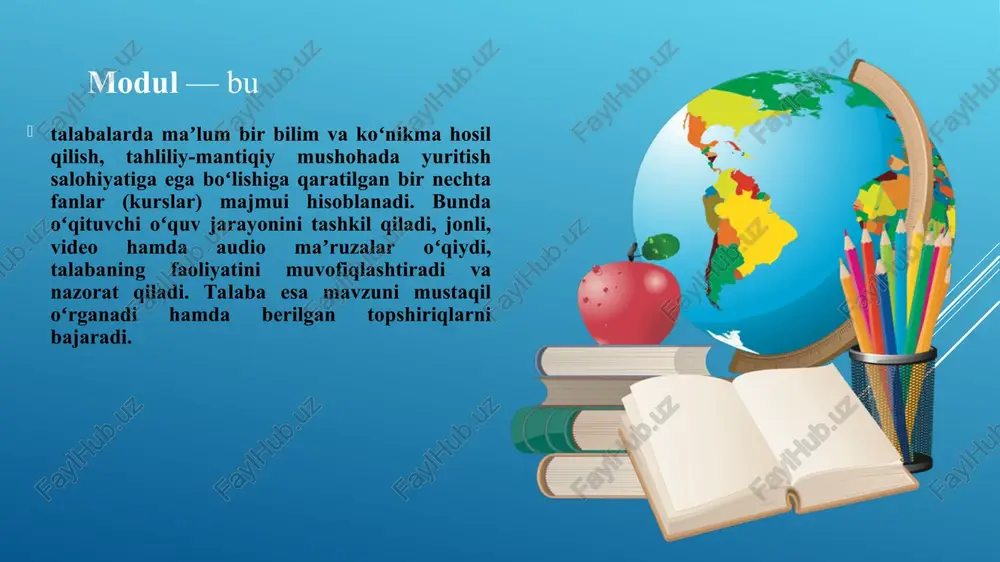 tirgan deb hisoblanadi. 4) umumiy ball 59 va undan past bo‘lsa talaba fanni o‘zlashtira olmagan (f) hisoblanadi. qishki sessiyagacha bajarib kelinadigan topshiriqlar. 1. pedagogika nazariyasi fanining mazvulari va adabiyotlari bilan tanishib o’rganib kelish. (berilgan adabiyotlardan tashqari) 2. platforma va uning ichidagi pedagogika fani resurslari bilan tanishib chiqish. 3. “ta’lim to’g’risida”gi qonunning boblarini o’rganib va 10 tadan moddani yodlab kelish. (2020 yil 23-sentabr). 4. pedagoglik kasbidagi muammolarni aniqlash va yechim taklifi bilan kelish. e’tiboringiz uchun rahmat!