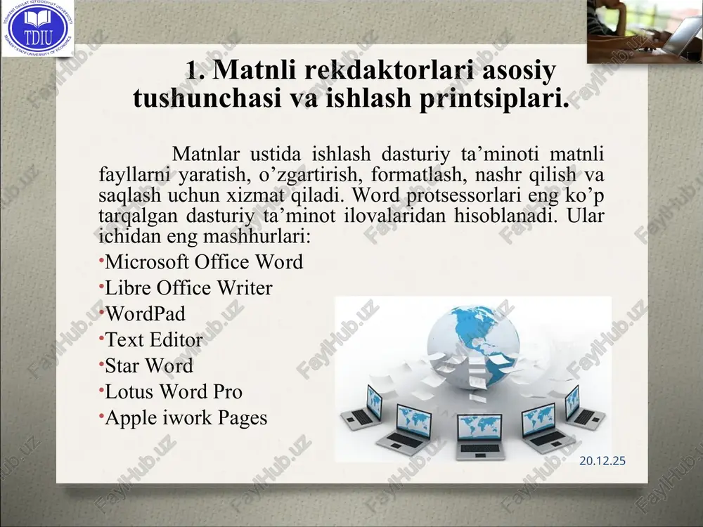 senziya gpl * akelpad vid glavnogo okna akelpad 4.4.3 tip tekstoviy redaktor razrabotchik aleksey kuznetsov (2003-2006) shengalts aleksandr (2006 - po nashi dni) napisana na c operatsionnayasistema microsoft windows yazikiinterfeysa multiyazichnaya (20yazikovix paketov) perviy vipusk 12 avgusta 2003 goda apparatnayaplatforma pc (x86/x64[1]) poslednyayaversiya 4.8.0 (19 noyabrya 2012 goda) sostoyanie aktivno razvivaetsya litsenziya bsd sayt akelpad.sourceforge.net/ru * tekstoviy protsessor openoffice * apache openoffice - bu ochiq kodli ofis dasturiy ta'minoti to'plami, bu ibm lotus symphony dasturlar to'plamiga asoslangan bo'lib, kengaytmalar, shablonlar, tijorat yordamini o'z ichiga oladi. bu microsoft office va libreoffice bilan mos keladi bu microsoft word va wordperfect hujjatlari, microsoft excel va lotus 1-2-3 jadvallari va microsoft powerpoint va apple keynote taqdimotlari bilan mos keladi. faylning asosiy formati opendocument format (odf) bo'lib, u libreoffice dasturida ham qo'llaniladi c ++ va java dasturlash tillarida yozilgan apache openoffice - bu 64 bitli va 32 bitli arxitekturada ishlaydigan linux, windows va mac os …