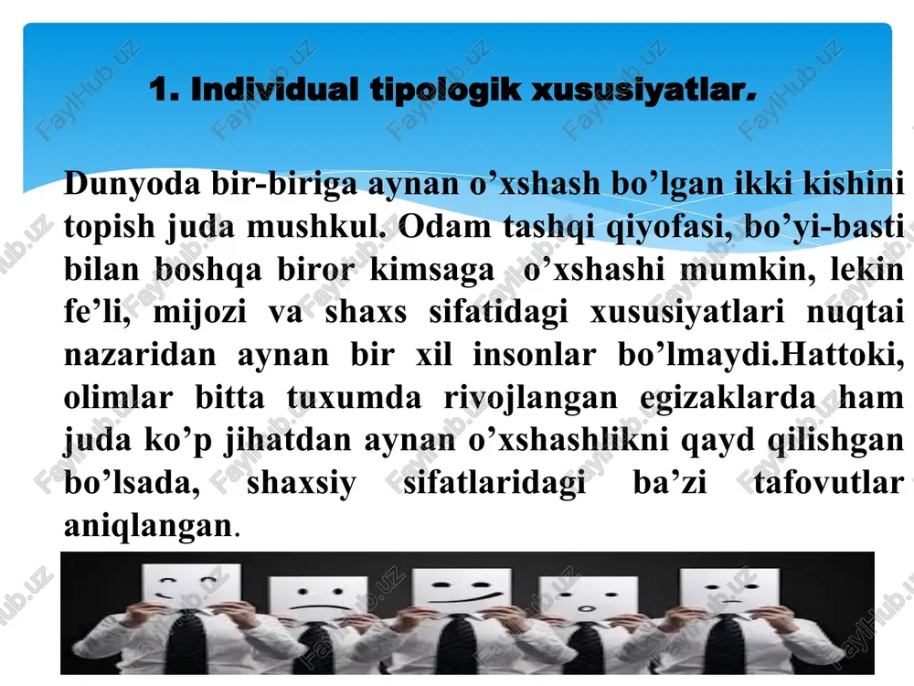 osiqlik kabi sifatlar va ularga teskari sifatlarning namoyon bo’lishi; x a r a k a t ch a n l i k , ya’ni ko’zgalish va tormozlanish jarayonlaridagi o’zaro almashinish jarayonining tezligi va harakatchanligi ma’nosida. muvozanatlashgan sangvinik muvozanatsiz xolerik inert flegmatik kuchsiz melanxolik nerv sistemasining tiplari asab tizimi bilan bog’liq individual sifatlarni bilish shart, chunki ular bevosita mehnat va o’qish jarayonlarini har bir inson tomonidan, uning manfaatlariga mos tarzda tashkil etishga xizmat qiladi. asabga bog’liq bo’lgan tabiiy xususiyatlarmizni ham umuman o’zgarmas deb aytolmaymiz, chunki tabiatda o’zgarmaydigan narsaning o’zi yo’q. shunday qilib kundalik hayotimizda tilimizda «xarakter» so’zi eng ko’p ishlatiladigan so’zlardan. uni biz doimo birovlarga baho bermoqchi bo’lsak, ishlatamiz. bu so’zning ma’nosini olimlar «bosilgan tamg’a» deb ham izohlashadi. tamg’alik alomatlari nimada ifodalanadi ? xarakter - shaxsdagi shunday psixologik, sub’ektiv munosabatlar majmuiki, ular uning borliqqa, odamlarga, predmetli faoliyatga hamda o’z- o’ziga munosabatini ifodalaydi. xarakter nima? mashxur rus olimi , psixologiya fanining metodologiyasini …