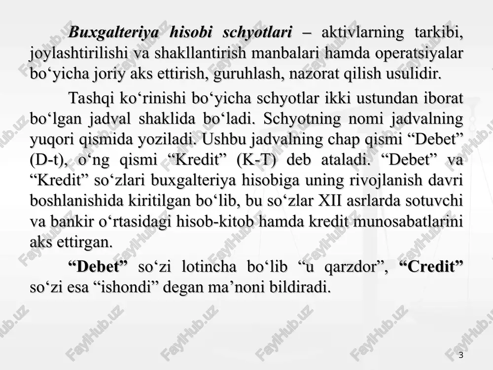 schyot (ka) - bu u bilan bog‘lik bo‘lgan aktiv schyotning saldosidan chegiriladigan moliyaviy hisobotda aktivning sof qiymatini aks ettiruvchi schyotdir. kontr-passiv schyot (kp) - bu u bilan bog‘lik bo‘lgan passiv schyotning saldosidan chegiraladigan moliyaviy hisobotda majburiyat yoki sarmoyaning sof qiymatini aks ettiruvchi schyotdir. tranzit schyotlar (t) - bu hisobot davrida foydalaniladigan, lekin yopiladigan moliyaviy natijalar to‘g‘risidagi hisobotda aks ettiriladigan hisobot davri oxiriga qoldiqqa ega bo‘lmaydigan daromadlar va xarajatlarning vaqtinchalik schyotlaridir. balans schyotlari deb, balansda qatnashadigan schyotlarga aytilib, ular bo‘yicha ikki yoqlama yozuv amalga oshiriladi. balansdan tashqari schyotlar (bt) - bu korxonaga qarashli bo‘lmagan, lekin vaqtinchalik tasarrufida bo‘lgan, aktivlarning mavjudligi va harakati, shartli huquqlar va majburiyatlar haqidagi axborotni umumlashtirishga mo‘ljallangan schyotlardir. bu schyotlar boshqa schyotlar bilan o‘zaro bog‘lanmaydi va korxonaning hisobotida aks ettirilmaydi. * sintetik schyotlar xo‘jalik mablag‘lari va ular manbalari haqida umumiy va qiymat ko‘rinishidagi ma’lumotlarni olish maqsadida hisob yuritishga mo‘ljallangan. analitik schyotlar ma’lumotlari xo‘jalik mablag‘lari va ularni manbalarini nafaqat …