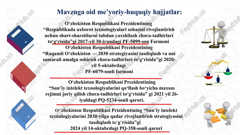 ing o‘zi ko‘rsatib turibdi. sun’iy intelekt o‘qituvchilarga ham ta’lim berish jarayonida ko‘pgina qulayliklar yaratadi. xulosa takliflar xalqaro tajribadan oʻrganib taʼlim jarayoniga moslashtirish. si texnalogiyalarni taʼlimga joriy qilishda hamkorlikni keng yoʻlga qoʻyish si boʻyicha oʻquvlar va mutaxasislarni tayyorlashni kuchaytirish. si asosida oʻquv platformalarni yaratishga eʼtiborni qaratish. * chora-tadbirlar rejasi: t/r muammo amalga oshirish mexanizmi mas’ullar muddat natija 1 o‘qituvchilarning sun’iy intellekt bo‘yicha bilimlari talab darajada emas. sun’iy intellekt asosida o‘quv platformalarni yaratishga etiborni qaratish va o‘quv-seminarlar, konferensiyalar, va metodik birlashmalar faoliyati yo‘lga qo‘yish maktab rahbariyati, informatika fani o‘qituvchisi o‘ibdo‘, mmibdo‘, metod birlashma rahbarlari, sinf rahbarlar. o’quv yili davomida tartib–intizom, ma’suliyat hissi uyg‘onadi. norozichilik paydo bo‘lmaydi. o‘qituvchilarning sun’iy intelekt bo‘yicha bilimlari va ta’lim sifati oshadi 2 sun’iy intelekt yordamida ta'lim jarayonlari natijaga erishish usullari ustida ishlamasligi xalqaro tajribadan organib moslashtirib sun’iy intelekt texnalogiyalarni talimga joriy qilish. maktab rahbariyati va informatika fani oqituvchisi bilan bigalikda. o’quv yili davomida xodimlar o‘rtasida sun’iy intelektdan foydalanish …