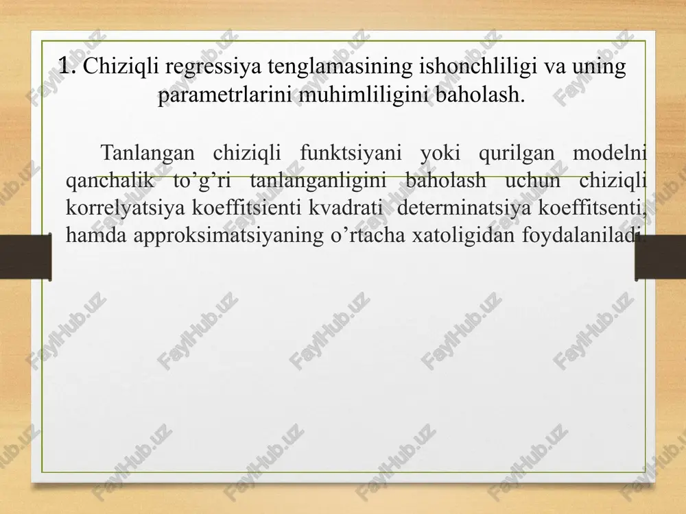 aqozo etiladi. bashoratlashdagi o’rtacha xatolik quyidagi formula yordamida hisoblanadi: bu erda: - qoldiq dispersiya. e’tiboringiz uchun tashakkur !!! 2 xy r r = 2 y.ymym 2 tanlan 2 s s y yx r = j e % 100 ˆ 1 1 × - = a å - n i i xi i y y y n %. 100 1 1 0 0 × × - - = a å - n i i i i y x b a y n 3. n ), 2 ( 1 2 2 ³ - × - = n r r f xy xy haqiqiy a jadv f f > haqiqiy 05 , 0 = a 1 1 = k 2 2 - = n k jadv f xy r b a m m , . ) ( ) 2 /( ) ˆ ( 2 2 å å - - - = x x …