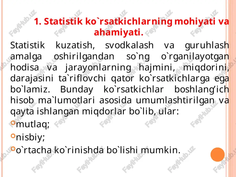 tavsiflaydi. buning uchun haqiqiy bajarilgan ko`rsatkich buyurtmadagi ko`rsatkich bilan taqqoslanadi. rtnm – buyurtma (shartnoma) bajarilishi nisbiy miqdori; d1 – joriy davrda haqiqiy bajarilgan daraja; dbt – buyurtmadagi topshiriq darajasi. 2-misol. konditer fabrikasi va supermarket o’rtasida tuzilgan shartnomaga binoan, konditer fabrikasi supermarketga 1 chorakda 12 tonna shokolad, 9 tonna karamel etkazib berishi kerak. haqiqatda etkazib berilgan mahsulot tegishli ravishda 10 va 11 tonnani tashkil qilgan. bu erdan, rtn/m: bazisli yoki zanjirsimon nisbiy miqdorlarni qo`llash tahlil oldida qo`yilgan maqsadga bog’liq. agar faqat bazis davrga nisbatan keyingi davrlar darajasi qancha o`zgarganligini bilmoqchi bo`lsak, u holda bazisli usul, agar har bir keyingi davr o`zidan oldingi davr darajasiga nisbatan qancha o`zgarib borayotganini kuzatmoqchi bo`lsak, u holda zanjirsimon usul qo`llaniladi. 3. dinamika nisbiy miqdori dinamika nisbiy miqdori dinamika nisbiy miqdori 2-misol. jondor-plyus xususiy firmasidagi non do’konining tovar oboroti iii-chorakda quyidagicha: iyul - 12,4 mln.so’m, avgust - 13,1, sentyabr – 14,0 mln.so’m. bu erdan dnm: 4. tuzilma …