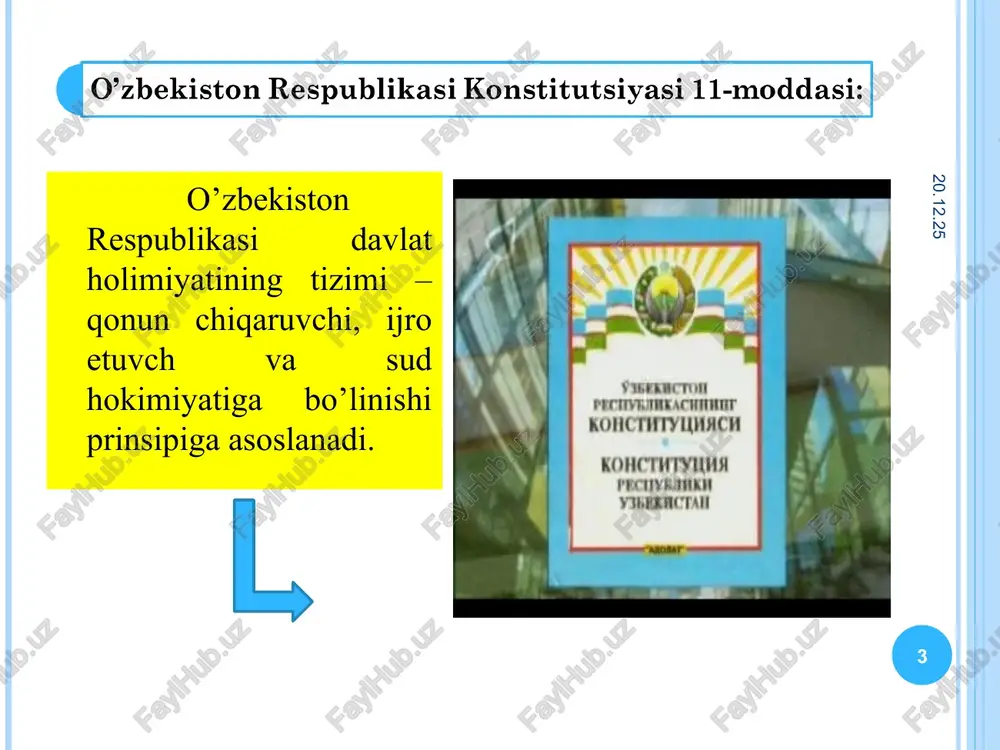 lishiga rahbarlikni ta’minlovchi o`zbekiston respublikasining ijro etuvchi hokimiyat organi hisoblanadi. vazirlar mahkamasi o`z faoliyatini o`zbekiston respublikasining 6 may 1993 yildagi n818-xii sonli «o`zbekiston respublikasining vazirlar mahkamasi to`g`risida»gi qonuniga muvofiq olib boradi. * * o`zbekiston respublikasi bosh vaziri o`zbekiston respublikasi bosh vaziri vazirlar mahkamasi faoliyatini tashkil etadi va unga rahbarlik qiladi, uning samarali ishlashi uchun shaxsan javobgar bo`ladi, vazirlar mahkamasining majlislariga raislik qiladi, uning qarorlarini imzolaydi, o`zbekiston respublikasi prezidentining topshirig`iga binoan xalqaro munosabatlarda o`zbekiston respublikasi vazirlar mahkamasi nomidan ish ko`radi o`zbekiston respublikasi qonunlarida, o`zbekiston respublikasi prezidentining farmonlari, qarorlari va farmoyishlarida nazarda tutilgan boshqa vazifalarni bajaradi. * * viloyat tarkibida: 12 tuman - arnasoy, baxmal, do`stlik, jizzax, zarbdor, zafarobod, zomin, mirzacho`l, paxtakor, yangiobod, forish, g`allaorol; 1 ta viloyatga bo`ysunuvchi shahar - jizzax shahri; 7 ta tumanga bo`ysunuvchi shaharlar; 8 ta shahar tipidagi qo`rg`on; 561 ta qishloq mavjud * * o`zbekiston respublikasining sud hokimiyati o`zbekiston respublikasida sud hokimiyati qonun va ijro hokimiyati, siyosiy …