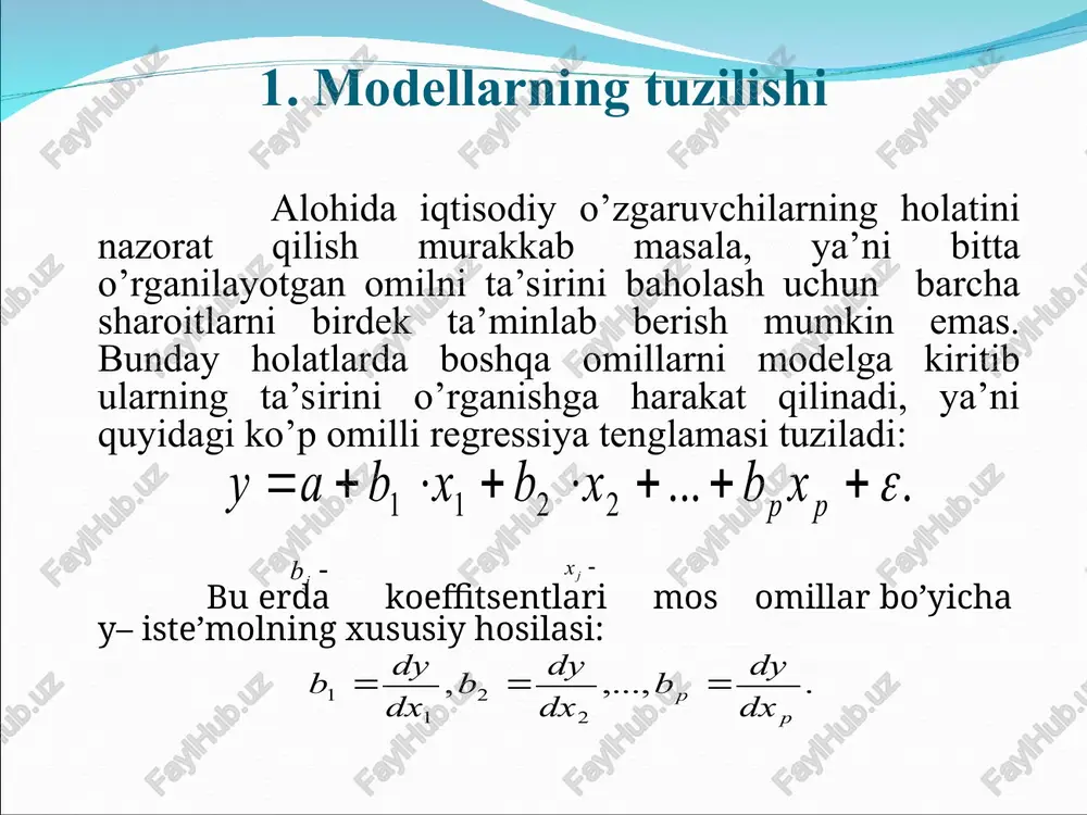 tga harajatni qo’shimcha 730 so’mga o’sishiga olib keladi. istemol masalalarini o’rganganda regressiya koeffitsentlari iste’molga moillik limitini tavsiflovchi ko’rsatkich deb qaraladi (ya’ni qancha miqdorda iste’mol bo’lishi mumkinligini ko’rsatadi). masalan, st iste’mol funktsiyasi quydagi ko’rinishga ega bo’lsin: u holda t davrdagi iste’mol o’sha davrdagi rt daromadga va undan oldingi davrdagi daromadga bog’liq bo’ladi. mos ravishda b0 koeffitsent rt daromadning bir birlikka o’zgarishi effektini tavsiflaydi. odatda b0 koeffitsient qisqa davrdagi istemolga bo’ladigan talabga moyillik deyiladi. 4. ko’p omilli regressiya tenglamasining parametrlarini baholash ko’p omilli regressiya tenglamasi parametrlari juft regressiyadagi kabi ekku bilan aniqlaniladi. ekkuni qo’llab normal tenglamalar tizimi hosil qilinadi. normal tenglamalar sistemasining echimi regressiya parametrlarini baholash imkonini beradi. ushbu regressiya tenglamasi uchun normal tenglamalar sistemasi quyidagi ko’rinishdan iborat: sistemani determinantlar usuli bilan echib uning parametrlarini quyidagicha topish mumkin: ko’p o’lchovli regressiya parametrlarini aniqlashning boshqacha usuli ham mavjud. bu usulda juft korrelyatsiya koeffitsientlari matritsasi asosida standartlashgan mashtabda quyidagi regressiya tenglamasi tuziladi: misol. ishlab …