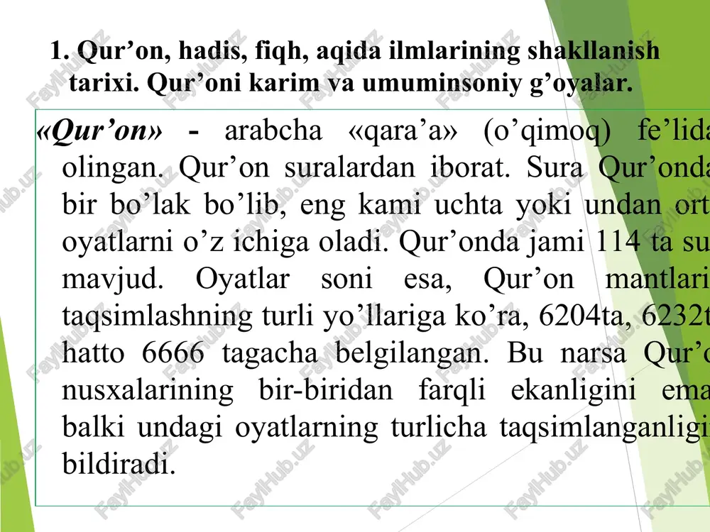 hviq qilinadi, insoniylik sha’niga dog‘ tushiradigan yomon sifatlar qoralanadi. hijriy 3-asrda hadis taʼlif etish sohasida „musnad“, „sahih“, „sunan“ deb atalmish turli yoʻnalishlar vujudga keldi. „musnad“ yoʻnalishida tasnif etilgan toʻplamlarda turli mavzudagi hadislar bir joyda keltirilib, ular hadis rivoyat qiluvchi sahobalarning islom dinini qabul qilgan vaqtiga koʻra yoki alifbo tartibida joylashtirilgan. abu hanifa, ahmad ibn hanbalarning hadis kitoblari shu yoʻnalishga mansub. „sahih“ yoʻnalishiga to‘gʻri, ishonarli hadislar kiritilgan. bu yoʻnalishga imom buxoriy asos solgan. „sunan“ yoʻnalishidagi toʻplamga esa, toʻgʻri, ishonarli hadislar bilan bir qatorda „zaif“ hadislar ham kiritilgan. abu dovud, abu iso termiziy, nasoiy, ibn moja toʻplamlari shu yoʻnalishga mansubdir. fiqh – islom huquqshunosligi sohasi sifatida viii-x asrlarda shakllandi va uning metodologiyasi vujudga keldi. fiqh ilmi mustaqil huquqshunoslik sohasi sifatida rivojlana borib, ijtimoiy hayotning barcha jabhalariga oid bo‘lgan masalalarni qamrab olgan: iymon asoslari, aqida talablari, inson turmush tarziga xos bo‘lgan muomala, ahloq, ibodat qonun qoidalari. bu jarayon ikki yarim asr davom etib, …
