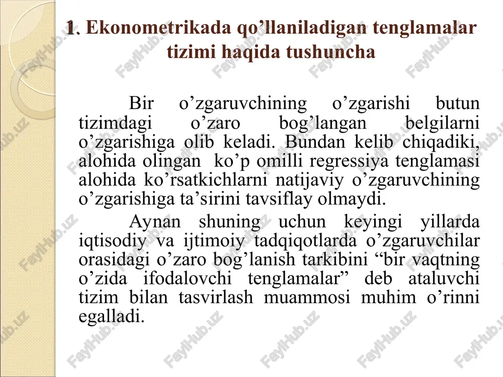 shakldagi model koeffitsientlari tuzilmaviy shakldagi model koeffitsientlariga o’tkaziladi. eng kichik kvadratlar egri usuli (ekkeu)ni ikkita endogen va ikkita ekzogen o’zgaruvchili quyidagi ekonometrik modelga qo’llanishini qo’rib chiqamiz: ushbu modelni tuzish uchun 5ta hudud bo’yicha quyidagi ma’lumotlar berilgan bo’lsin: modelning keltirilgan shakli: xudud u1 u1 x1 x2 1 2 5 1 3 2 3 6 2 1 3 4 7 3 2 4 5 8 2 5 5 6 5 4 6 o’rtachasi 4 6,2 2,4 3,4 bu erda, u1 va u2 - modelning keltirilgan shakli tasodifiy xatoligi. modelni keltirilgan shaklining har bir tenglamasiga oddiy ekku qo’llab ( ) koeffitsientlarni aniqlaymiz. yuqoridagi misol ma’lumotlarida o’rtacha darajadan chetlanishlardan foydalanib quyidagi tenglamalar tizimini yozish mumkin. olingan tenglamalar tizimini echib modelning keltirilgan shaklining birinchi tenglamani olamiz. xuddi shunday tartibda modelning keltirilgan shaklining ikkinchi tenglamasiga ekkuni qo’llab quyidagi normal tenglamalar tizimini olamiz. yuqoridagi misol ma’lumotlari asosida quyidagiga ega bo’lamiz. bundan modelning keltirilgan shakldagi ikkinchi tenglamasini olamiz: …