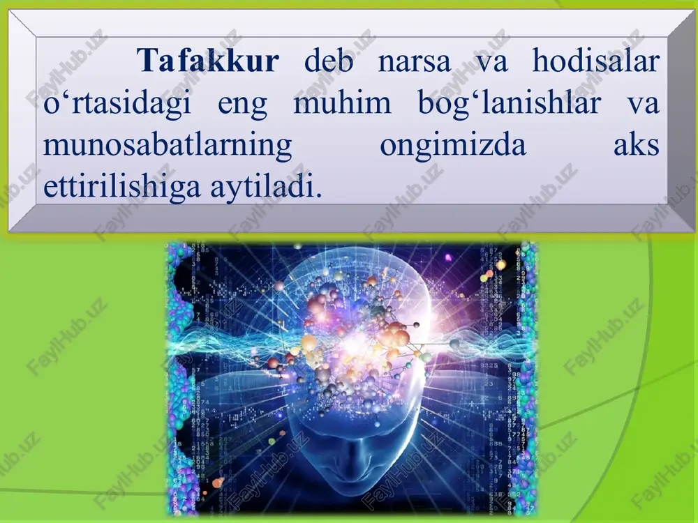 raksiya” deb sarlavha qo‘yib bitta odamni rasmini qo‘yib unga “shaxs” deb yozish kerakda- yoniga alohida shaxsga xos xususiyatlarni ko‘rsatib yozib chiqish kerak. shaxs kishining ijtimoiy xususiyatlari yig‘indisi. faoliyat subyekti. boshqalar bilan muomalaga kirishadi. o‘ziga xos betakror psixologik xususiyatlar yig‘indisi, ya’ni individuallikka ega. individualligi uning e’tiqodi, dunyoqarashi, qiziqishi, xohish va istaklarida namoyon bo‘ladi va hokazo. * umumlashtirish – tafakkurda aks etgan bir turkum narsalarning, o‘xshash muhim belgilarning shu narsalar to‘g‘risidagi bitta tushuncha qilib, fikrda birlashtirish demakdir. * “umumlashtirish” deb sarlavha qo‘yib “sezgi, idrok, xotira, tafakkur, xayol, diqqat” tushunchalarini atrofga turli shakllarda ifodalab o‘rtaga “bilish jarayonlari” so‘ziga birlashib kiradigan qilish kerak. * umumlashtirish turlari: tushunchali umumlashtirish-predmetlar obyektiv muhim belgi asosida umumlashtiriladi. hissiy-konkret umumlashtirish- predmetlar topshiriq talabiga binoan tashqi belgi bilan umumlashtiriladi. * konkretlashtirish – hodisalarni ichki bog‘lanish va munosabatlardan qat’iy nazar bir tomonlama ta’kidlashdan iborat fikr yuritish operatsiyasidir. * “konkretlashtirish” deb sarlavha qo‘yib o‘rtaga “o‘quv qurollari” so‘zidan kitob, daftar, ruchka, qalam, chizg‘ich, …