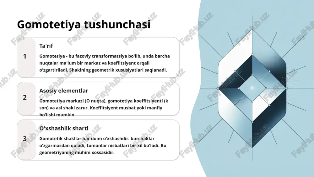 muhim. ta'lim va san'at rassom va dizaynerlar proporsiyalarni saqlash uchun o'xshashlikdan foydalanadilar. vizual san'atda, fotografiyada va dizaynda keng qo'llaniladi. geometrik shakllar va ularning o'zaro bog'liqligi yassi shakllar uchburchaklar: eng sodda va muhim shakllar, uchta belgi orqali o'xshashlik tekshiriladi ko'pburchaklar: muntazam ko'pburchaklar uchun faqat bir tomonni bilish yetarli doiralar: barcha doiralar o'zaro o'xshash, radiuslar nisbati - koeffitsiyent fazoviy shakllar prizmalar va piramidalar: asoslar o'xshash bo'lsa, jismlar ham o'xshash silindr va konus: radiuslar va balandliklar nisbati muhim shar: barcha sharlar o'zaro o'xshash barcha bu shakllar uchun gomotetiya va o'xshashlik prinsiplari bir xil qoidalarga bo'ysunadi: nisbatlar barqarorligi va burchaklar o'zgarmasligi. raqamli misol: uchburchaklar to'g'ri burchakli uchburchaklar o'xshashligini tekshirish birinchi uchburchak katetlar: 3 sm va 4 sm gipotenuza: 5 sm ikkinchi uchburchak katetlar: 6 sm va 8 sm gipotenuza: 10 sm natija nisbatlar: uchburchaklar o'xshash! raqamli misol: kvadratlar va doiralar kvadratlar o'xshashligi birinchi kvadrat tomoni: a₁ = 5 sm ikkinchi kvadrat tomoni: a₂ = …