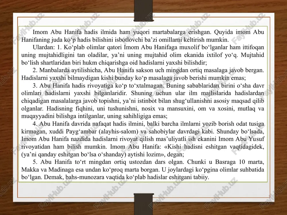 ayotgan musulmonlarga shiqarilgan hukmlari oson amal qilishiga imkon bergan. o’zbekiston hududida hanafiylik mazhabi buxorolik olim abu hafs kabir harakati natijasida keng tarqalgan va shu mintaqa aholisi mazkur mazhabga amal qilib kelmoqda. xi-xii asrlarda faoliyat olib borgan movarounnahr faqihlaridan abu zayd ad-dabusiy, as-saraxsiy, as-sadr ash-shahid, abu hafs an-nasafiy, alo‘ad-din as-samarqandiy, burhon ad-din al-kabir al-buxoriy, al-attobiy, al-kosoniy, qozixon va burhon ad-din al-marg‘inoniy kabi ma’lum va mashhur faqihlarning nomlarini keltirish mumkin. movarounnahr faqih maktabining eng mashhuri burhoniddin marg‘inoniy hisoblanib, uning to‘liq ismi abulhasan ali ibn abubakr ibn abduljalil al-farg‘oniy al-rishtoniy al-marg‘inoniydir. (1123.23.9, rishton tumani, dahbet qishlog‘i — 1197.29.10, samarqand). marg‘inoniy dastavval otasi abubakr ibn abduljalil, so‘ng simom bahouddin ali ibn muhammad asbijobiy qo‘lida tahsil ko‘rdi. rishton, marg‘ilon, buxoro, samarqand va movarounnaxrning boshqa shaharlarida islomiy ta’lim olib, hanafiya mazhabining buyuk faqihi sifatida nom qozondi. shayxulislom bo‘lib yetishdi. 1149 y. haj safariga bordi. marg‘inoniy samarqand shahridagi shokardiza kabristonga dafn etilgan. burhoniddin marg‘inoniy fiqh bo‘yisha asosiy …