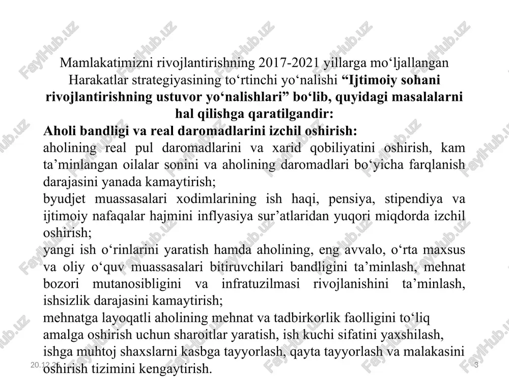 inlash. * * aholining barcha qatlamlariga (kasbiy, tarmoq, mintaqaviy va boshqa belgilari bo'yicha) nisbatan qo'llaniladigan hamda ijtimoiy xatar (risk)yuz berganda moddiy va boshqa yordam ko'rsatishga qaratilgan chora tadbirlar (masalan, davlat xizmatchilarini ijtimoiy ximoyalash, ekologik halokat zonasida istiqomat qiluvchilarni ijtimoiy himoyalash va boshqalar) yig'indisidan iborat. * * * * * * * * skandinaviyacha model bismark modeli beqerij modeli (finlyandiya, shvetsiya, norvegiya) (germaniya, fransiya, italiya, belgiya) (angliya) asosiy qoidasi asosiy qoidasi asosiy qoidasi mamlakatlarda yashovchi barcha fuqarolar ijtimoiy ta’minlanish huquqiga ega jamiyat a’zolariga ijtimoiy ta’minot uchun zarur vositalarni ishlab topishga imkoniyat berish har bir fuqaro favqulodda holatlarda (kasallik, pensiya yoshi, o‘lim, tug‘ish va h.k.) ijtimoiy sug‘urtali nafaqa va pul yordam bilan qamrab olinishi zarur bosh siyosiy maqsad – to‘la- to‘kis bandlikka erishish (davlat ma’suliyati) bosh siyosiy maqsad – daromadlarni himoyalash (xodim ma’suliyati) bosh siyosiy maqsad – minimal darajadagi daromadlarni himoyalash * * * * * * * * o'zbekistonda mustaqillikning birinchi …