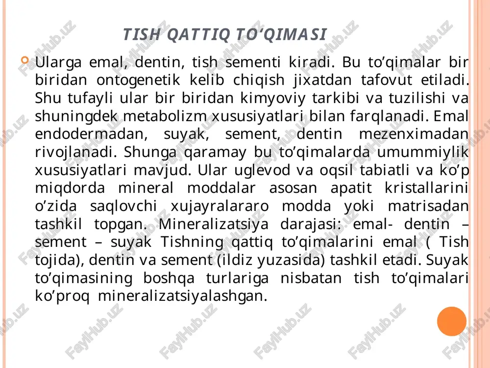 i apatit cap ca sr(po) 0,9%. 1-2% mineral moddalar noapatit birikmalar xolida ya’ni fosforlangan ca, dikalseferatlar, ortokalsefosfatlar xolida uchraydi. ca/p nisbatining ideal miqdori 1,67 ga teng. ammo ca ionlari xususiyatlari bo’yicha o’xshash bo’lgan ba, sr,mg bilan o’rin almashinishi mumkin. bunda kalsiyning fosforga nisbati kamayib 1,33% gacha yetishi mumkin. bunda apatitning xossalari o’zgarib, emalning tashqi faktorlarga nisbatan rezistentligi pasayadi. gidroksil guruxlarning ftor bilan almashinishi natijasida mustaxkamligi va kislotaga chidamliligi gapdan ustun bo’lgan ftorapatit xosil bo’ladi. ca(po)(oh)+f=ca(po)foh gidroksiftorapatit ca(po)(oh)+2f=ca(po)f ftorapatit ca(po)(oh)+20f=10caf+6po+2oh ftorid ca caf mustaxkam, kattiq, ishqorlanuvchan. ishqoriy tomonga o’zgarganda emal buziladi, flyuoroz yuzaga keladi. organik moddalari organik moddalar 1,5%ni tashkil etadi. shakllanib bo’lmagan emalda 20% gacha bo’lishi mumkin. emalning organik moddalari tish emalidagi biokimyoviy va fizik jarayonlarga ta’sir ko’rsatadi. ular apatit kristallari orasida tutamlar, spirallar yoki plastinkalar xolida joylashadi. asosan bular oqsillar, uglevodlar, lipidlar, azot saqlovchi moddalardan tuzilgan (mochevina, peptidlar, amfsikli, siklik aminokislotalar). oqsillar va uglevodlar organik matrisa tarkibiga kiradi. remineralizatsiya …
