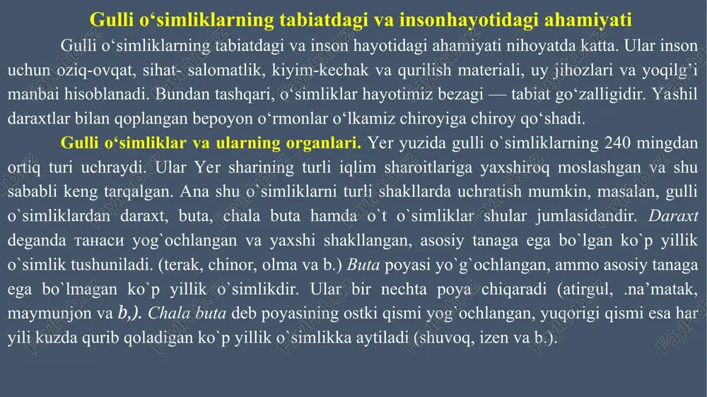 o‘ladi. ildizchaning rivojlanishidan asosiy ildiz shakllana boshlaydi. asosiy ildiz o‘sib undan yosh ildizlar vujudga keladi. yon ildizlar o‘z navbatida yana yangi yon ildizlarni hosil qiladi.yon ildizlar borgan sari ingichkalashib tuproqqa kirib boraveradi. o‘simlikning asosiy ildizi va barcha yon ildizlari birgalikda ildiz tizimini hosil qiladi. ayrim o‘simliklarning poya va barglarida ham ildizlar xosil bo‘lishi mumkin. bunday ildizlar qo‘shimcha ildizlar deyiladi. tol, terak, tut va boshqa o‘simliklarning qo‘shimcha ildizlari qalamcha qilish yo‘li bilan ko‘paytiriladi. makkajo‘xori, supurgi, karam kabi o‘simliklar poyasining pastki qismi tuproq bilan ko‘milsa, tezda qo‘shimcha ildizlar hosil bo‘ladi va o‘simlikning oziqlanishiga yordam beradi o‘zbekistonning cho‘l zonalarida o‘suvchi o‘simliklarning ildizlari nihoyatda xilma-xildir. masalan, yantoqning o‘q ildizi 15 m chuqurlikka kirib boradi va o‘simlikni bemalol suv bilan ta’minlaydi . erta bahorda gullab, qisqa vaqt hayot kechiruvchi bir yillik (efemer) o‘simliklarning ildizlari aksincha tuproqda yuza joylashadi. ular bahorgi yomg‘irlar hisobiga o‘sadi. ko‘p yillik o‘simliklardan qandim yoki juzg‘unning ildiz sistemasi gorizontal holda yoyilgan bo‘lib, …
