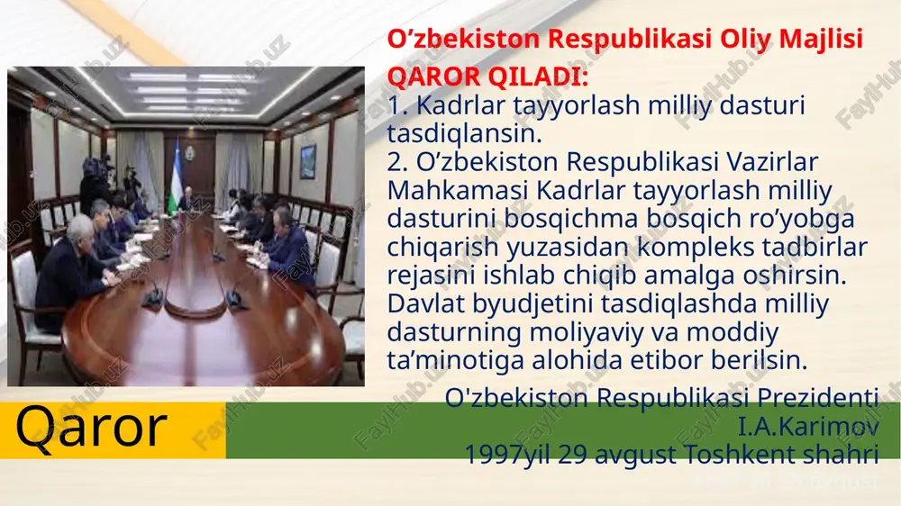 uqori malakali kadrlar tayyorlash milliy tizimini yaratishdir. dasturning maqsad va vazifalari kadrlar tayyorlashning milliy modeli qonun hujjatlari ma’lumotlari milliy bazasi, 05.01.2018-y., 03/18/456/0512-son) ishlab chiqarish fan uzluksiz ta’lim davlat va jamiyat shahs 1. huquqiy davlat va adolatli fuqarolik jamiyati qurishga intilishi; 2. mamlakat iqtisodiyotida tub o‘zgartirishlarning amalga oshirilishi; 3. iqtisodiyotida raqobatbardoshlikni kuchayishi; 4. mamlakatda eksport salohiyatining kengayayotganligi; 5. davlat siyosatida shaxs manfaati va ta’lim ustuvorligi qaror topganligi; 6. milliy o‘zlikni anglashning o‘sib borishi; 7. boy milliy an’analarga va merosiga hurmat ; 8. respublikaning jahondagi mavqeyi va obro‘-e’tiborining mustahkamlanib borayotganligi. kadrlarni tayyorlash tizimini isloh qilish omillari: -kadrlar tayyorlash tizimining bozor islohotlari talablariga muvofiq emasligi; -o‘quv jarayonining moddiy-texnika va axborot bazasi yetarli emasligi; -yuqori malakali pedagog kadrlarning yetishmasligi; -sifatli o‘quv-uslubiy va ilmiy adabiyot hamda didaktik materiallarning kamligi; -ta’lim tizimi, fan va ishlab chiqarish o‘rtasida puxta o‘zaro hamkorlik va o‘zaro foydali integratsiyaning yo‘qligi; - kadrlar tayyorlashning mavjud tizimidagi jiddiy kamchiliklar sirasiga kiradi. kamchiliklar va …