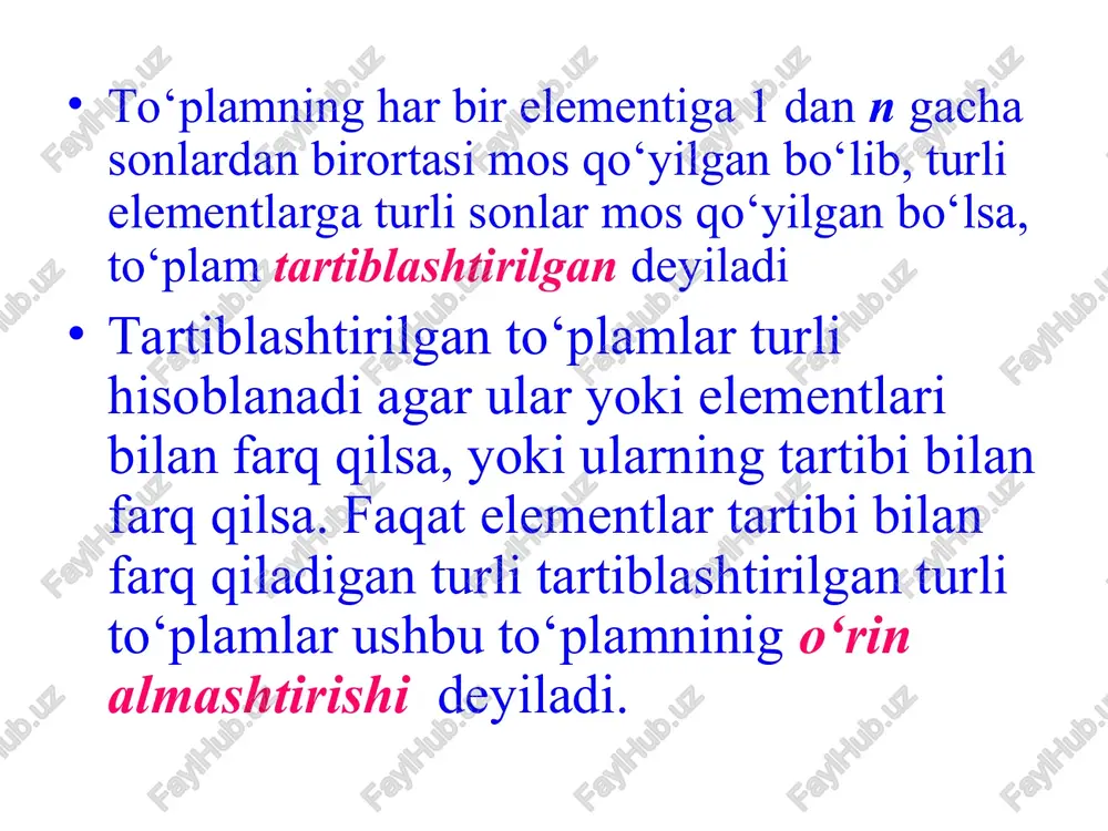 qish mumkin? qidirilayotgan usullar soni 25 ta elementdan 4 tadan joylashtirishlar soniga teng. 30240 6 * 7 * 8 * 9 * 10 5 10   a masala . talaba 4 ta imtixonni 7 kun davomida topshirishi kerak. buni necha xil usulda amalga oshirish mumkin? 840 4 * 5 * 6 * 7 4 7   a agar oxirgi imtixon 7 - kun topshirilishi aniq bo‘lsa, u holda usullar soni 480 4 * 5 * 6 * 4 * 4 3 6   a masala . futbol chempionatida 16 ta komanda qatnashadi. komandalarning oltin, kumush, bronza medallar va oxirgi ikkita o‘rinni egallaydigan variantlar i nechta bo‘ladi? 524160 12 * 13 * 14 * 15 * 16 * 2 13 3 16   a a o’rin almashtiri shlar . ta’rif : agar o’rinlashtirishlar n tadan olingan bo’lsa bunday o’rinlashtirishlar o’rin almashtirishlar deb ataladi . masalan : ikki …