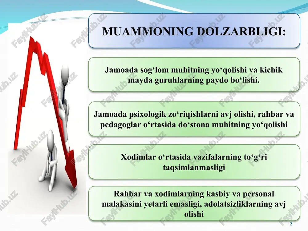 n treninglar tashkil etiladi. ta’lim muassasalarida sog‘lom va xavfsiz ish muhiti yaratish stresslarni kamaytirish hamda sog‘lom hayot tarzini yaxshilash uchun o‘qituvchilar rag‘batlantirib boriladi. koreyada: rahbarlar pedagoglar ishini qo‘llab quvvatlashi va resurslar bilan ta’minlashi kerak, pedagoglar esa rahbarlarni o‘z ishlarida qo‘llab quvvatlashi tajriba almashishi va maslahat berishi lozim. rahbarlar va pedagoglar o‘rtasida muntazam ravishda baholash va fikr mulohaza almashish jarayoni yo‘lga qo‘yilgan, bular ikki tomonning ishlash sifatini oshiradi va muammolarni vaqtida hal etadi. finlandiyada: rahbarlar va pedagoglar o‘rtasida sharoitlarini yaxshilash va stresslarni kamaytirishga qaratilgan choralar ko‘riladi bu esa umumiy ish samaradorligini oshiradi. rahbar va pedagoglar bir-birini qo‘llab quvvatlaydi. birgalikda faoliyat yuritadi jamoada o‘zaro hurmat tushunchasi yuqori o‘rinda turadi.ta’limga doir yangiliklardan habardor bo‘lib borishadi. qiyosiy tahlil t/r amaldagi holat (o‘zbekistonda) amaldagi holat ( xorijda ) taklif 1 sog‘lom muloqot muhitini yaratish: ta’lim muassasalarida ochiq muloqot va fikr almashish muhitini yaratish uchun turli tashkilotlar muassasa rahbari va pedagoglari o‘rtasida seminar treninglar o‘tkazib kelinmoqda. …