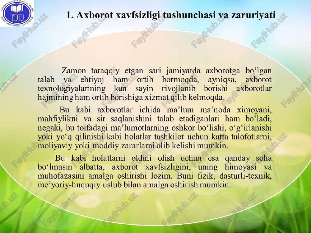 ifrlanmagan ko'rinishda uzatiladi. demak, internet xostlaridan foydalanish uchun foydalanuvchining ismi va parolini bilish kifoya. axborot almashinuvida internetning masofadagi ikkita uzeli almashinuv axborotini paketlarga bo’lishadi. paketlar aloqa kanallari orqali uzatiladi va shu paytda ushlab qolinishi mumkin. 2. raqamli iqtisodiyotda axborot xavfsizligini ta`minlash usullari 1. qonunchilik. axborot himoyasi sohasida yuridik va jismoniy shaxslarning, shuningdek davlatning huquq va majburiyatlarini qat’iy belgilovchi qonuniy aktlardan foydalanish. 2. ma’naviy-etik. ob’ektda qat’iy belgilangan o‘zini tutish qoidalarining buzilishi ko‘pchilik xodimlar tomonidan keskin salbiy baholanishi joriy etilgan muhitni hosil qilish va qo‘llab quvvatlash. 3. jismoniy. himoyalangan axborotga begona shaxslarning kirishini taqiqlovchi jismoniy to‘siqlar yaratish. 6. kriptografik. ishlov berilayotgan va uzatilayotgan axborotlarga noqonuniy kirishni oldini oluvchi shifrlash va kodlashni tatbiq etish. 7. dasturiy. foydalana olishlilikni chegaralash uchun dastur vositalarini qo‘llash. 5. texnik. axborotni muhofaza qilish uchun elektron va boshqa uskunalardan foydalanish. 4. ma’muriy. tegishli maxfiylik rejimi, kirish va ichki rejimlarni tashkil etish. axborotni himoya qilishni huquqiy usullarida huquqiy xarakterli masalalar: …