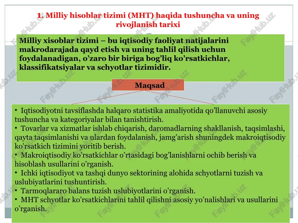 i-yo’nalishi: tovarlar va xizmat-larning ishlab chiqarish va iste’mol jarayonlari-dagi holatini o’zgarishi (ishlab chiqarish, qayta ishlab chiqarish, iste’-mol jarayonlari)ni ku-zatishga asoslangan. (fiziokrat, kuesney-1760 y.,rikardo-1817 y., k.marks-1885 y., leontev-1929-39 y. ) yuqoridagi yo’nalishlarni umumlashtirib, halqaro tashkilotlar: bmt, hvf, jahon banki va boshqalar – milliy hisoblar tizimining nazariy va uslubiy asoslarini ishlab chiqishda va amaliyotga tadbiq qilishda katta xissa qo’shdilar 2. mhtning asosiy tushunchalari va tasniflari. kontseptsiyaning maqsadi daromadni yaratish faqatgina nomoddiy ishlab chiqarish so-halarga tegishli bo’l-masdan balki xizmat sohasiga ham te-gishlidir. shu kon-tseptsiyaga asosan iqtisodiy ishlab chi-qarish barcha iqti-sodiy faoliyat tur-larini o’z ichiga oladi, ya’ni tovarlar va xizmatlar ishlab chiqarish sohasi shu jumladan nomoddiy xizmatlar ko’rsatish sohasi mhtni 1993 yildagi nusxasida yashirin iqtisodi-yotni ham o’z ichiga oladi. iqtisodiy ishlab chiqarish natija-sida yaratilgan daromad, bu bar-cha ishlab chiqa-rish omillariga tegishlidir: yer, sarmoya, mehnat va tadbirkorlik. shu sababli ya-ratilgan daromad ishlab chiqarish omillarini egalari o’rtasida taqsim-lanadi. mht-1993 yildagi nus-xasida “omillar daromadi” o’rniga “birlamchi daro-madlar” …
