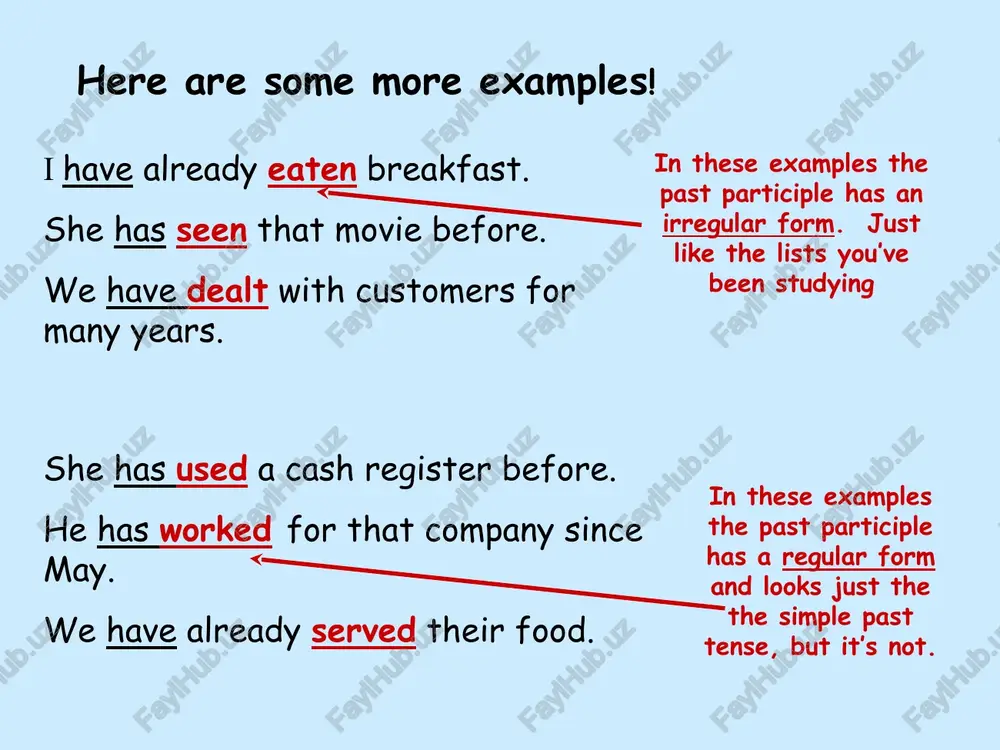 nse. when did they use a cash register? they used a cash register last year. when did you supervise other people? i supervised other people two years ago. last year, yesterday, two years ago, last week are all words we use with the simple past tense we often use the present perfect with already to talk about things that have happened before now. i’ve already eaten breakfast. she’s already read that book. you’re too late. he’s already left for school. we usually use yet in questions to find out if something has happened before now. have you bought your mother a present yet? has she seen that movie yet? have they left for school yet? often when we’re speaking, we go back and forth between these two tenses—the present perfect and the simple past tense. take a look at this example. miko: have you ever supervised other people? tanaya: yes, …
