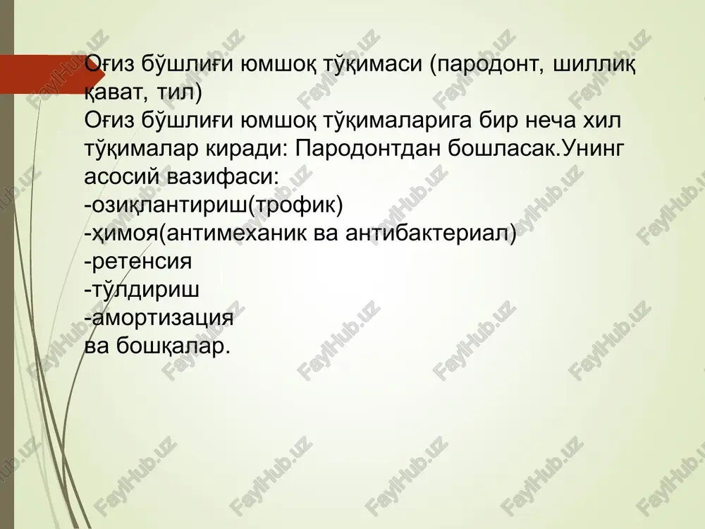 rakatchanligini ta'minla6 turuvchi shilliq osti qavati bo'ladi. og'iz yumilganda lunjda burmalar hosil bo'ladi. shilliq osti qavatida ko'p miqdorda mayda qon tomirlar, ëg' bezlari joylashadi. lunjning shilliq qavatiga yuqori jag'ning ikkinchi molyar sohasiga, quloq osti bezining yo'li lunjdagi so'rg'ichsimon do'mboqchaga ochiladi. buni stenonov yuli de6 atashadi. og'izning turli qismlari shilliq qavatining tuzilishi milk anatomik jixatdan milkning uchta qismi tafovut qilinadi:marginal, alveolyar va milk so'rg'ichi. milkda shilliq osti qavati yo'q, shuning uchun shilliq qavat alveolyar o'simtaning suyak usti pardasi bilan mustahkam birikkan va xarakatchan zmas. alveolyar o'simtaning epiteliysi, ayniqsa milkning qirg'oqli qismida muguzlanadi. tishlar orasida milk tishlararo so'rg'ichlarni hosil qilib, ular qattiq bo'ladi. tishlarning bo'yin qismida milkni shilliq pardasining epiteliy qavati tishni emalidagi nasmit pardasi 6ilan bog'langan bo'ladi. ular 6irikkan erida l-2 mmli egatcha hosil bo'ladi. buni tish-milkning fiziologik egatchasi de6 atashadi. milkning yuqori qismi ozod milk deyiladi. qattiq tanglay qattiq tanglayning shilliq qavati har xoyda turlicha tuzilgan. tanglay chokida va alveolyar …