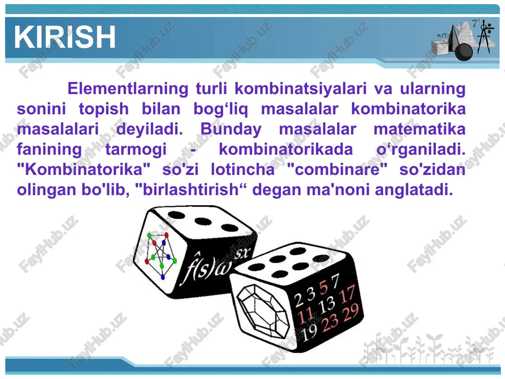 orial – bajaruvchi (ingl.) factor – omil faktorial. termin «faktorial» vvyol l. arbogast (1800), oboznachenie – k. kramp (1808). proisxojdenie termina – ot angliyskix slov factorial – delayushiy, proizvodyashiy, factor – mnojitel. arbogást lui fransua antuan (arbogast louis fran&ccedilois antoine), rod. 04.10.1759, myutsig (elzas) - um. 08.04.1803, strasburg. frantsuzskiy matematik, inostranniy chl.-korr. peterburgskoy an c 20.10.1791, chlen parijskoy an (1796). v 1789 sostavil "opit o novix nachalax differentsialnogo i integralnogo ischisleniya, nezavisimix ot teoriy beskonechno malix i predelov", gde priderjivalsya v osnovaniyax analiza algebraicheskix printsipov j. lagranja rukopis ne bila opublikovana. v 1800 opublikoval knigu "ob ischislenii derivatsiy. vvel termin "faktorial" (1800). * orin almashtirish opredelenie. perestanovkami iz n elementov nazivayutsya razmesheniya iz n elementov po n. iz opredeleniya sleduet, chto v dannom sluchae v uporyadochennuyu viborku vxodyat vse n elementov i otlichatsya viborki mogut tolko poryadkom. poetomu vse perestanovki imeyut odin i tot je sostav i otlichayutsya tolko poryadkom …