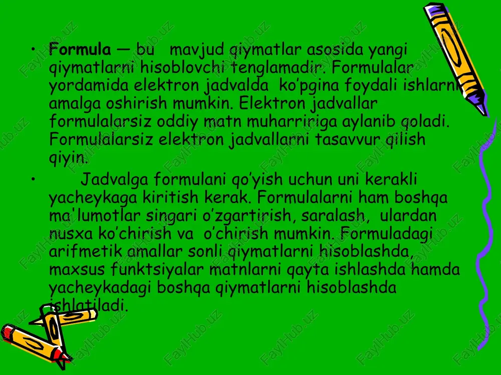 ladigan kiritib qo’yilgan tayyor uskunalar qolipidir. ular murakkab bo’lgan matematik va mantiqiy amallarni bajaradi. funktsiyalar quyidagi ishlarni bajarish imkoniyat beradi. 1. formulalarni qisqartirish. 2. formulalar bo’yicha boshqa qilib bo’lmaydigan hisob ishlarini bajarish. 3. ayrim muxarrirlik masalalarini hal qilishni tezlashtirish. barcha formulalarda oddiy () qavslar ishlatiladi. qavs ichidagi ma'lumotlar argumentlar deb ataladi. funktsiyalar qanday argumentlar ishlatilayotganligiga ko’ra bir-biridan farq qiladi. * funktsiyaning turlariga qarab ular quyidagicha ishlatilishi mumkin: — argumentsiz; — bir argumentli; — qayd kilingan cheklangan argumentlar soni bilan; — noma'lum sondagi argumentlar soni bilan; — shart bo’lmagan argumentlar bilan. funktsiyada argumentlar ishlatilmasa ham, bo’sh qavslar ko’rsatilishi lozim. masalan, =rand(). agar funktsiyada bittadan ortiq argument ishlatilsa, ular orasiga nuqtali vergul (;) qo’yiladi. formulalarga funktsiyani kiritishning ikkita usuli mavjud: klaviatura yordamida qo’lda kiritish va excel dagi «master funktsiy » (funktsiyalar ustasi) piktogrammasi orqali kiritish. * * * funktsiyani kiritish usullaridan biri qo’lda klaviaturadan funktsiya nomi va argumentlar ro’yxatini kiritishdan iborat. excel …