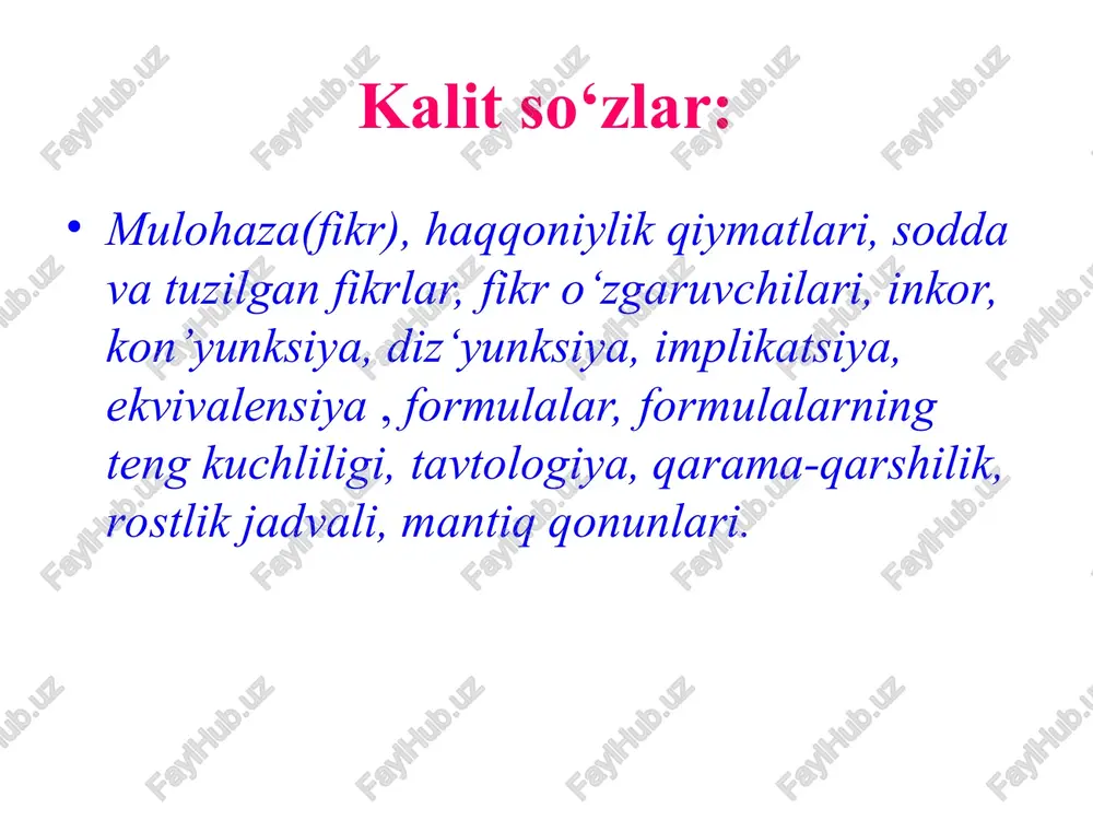 ndan keyin, chin qiymatni qisqacha “ ch ” va yolg’on qiymatni “ yo ” bilan belgilaymiz. mulohazalarni belgilash uchun, asosan, lotin alfavitining kichik harflari ishlatiladi: z y x v u c b a , , ..., , , ,..., , , ma’lum mulohazalar borki, hamma mumkin bo’lgan hola tlarda (vaziyatlarda) chin qiymatni (yolg’on) qabul qiladilar. bunday mulohazalarga absolyut chin (yolg’on) mulohazalar deb aytiladi. mulohazalar algebrasida odatda, konkret mulohazalar bilangina emas, balki har qanday istalgan mulohazalar bilan shug’ulla nadilar. bu esa o’zgaruvchi mulohaza tushunchasiga olib keladi. agar o’zgaruvchi mulohazani x deb belgilasak, u holda x konkret mulohazala rning istalganini ifodalaydi. sh uning uchun x ikki: “ ch ” va “ yo ” qiymatli o’zgaruvchini ifodalaydi. n x x x ,..., , 2 1 ta o’zgaruvchi li mulohaza berilgan bo’lsin. bularning har qaysisi chin va yolg’on qiymatlarni qabul qiladi. shuning uchun quyidagi qiymatlar satrini tuzish mumkin: yo, yo, ........, yo, ch, yo, …