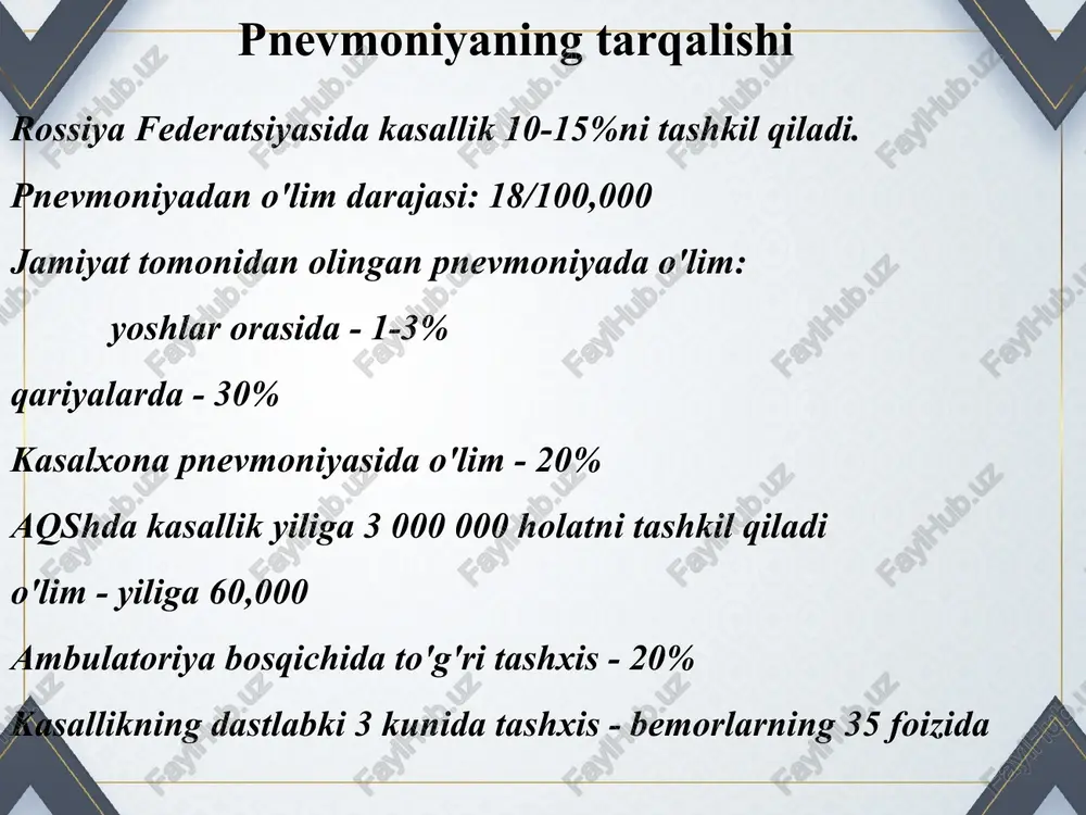 infektsiyasining asosiy yo'llari hisoblanadi. * * “zolotoy standart” ostroe nachalo lixoradka suxoy (vposledstvii maloproduktivniy) kashel ro viyavlyaemaya infiltratsiya legochnoy tkani plevralnie boli odishka vnebolnichnaya pnevmoniya diagnostika: klinicheskie kriterii jalobi: povishenie temperaturi kashel suxoy ili s mokrotoy bol v grudnoy kletke odishka pnevmoniyaning etiologiyasi yuqori nafas yo'llarini kolonizatsiya qiladigan normal mikrofloraga bevosita bog'liq yuqori nafas yo'llarining mikroflorasining tur tarkibi atrof -muhitning tabiati, bemorning yoshi va immunitetiga bog'liq. bu pnevmoniyaning ichki va jamoaviy bo'linishiga bo'linishiga olib keldi. * kasalxonadan tashqari pnevmoniyaning tipik qo'zg'atuvchilari moraxella catarrhalis gram- kokkobatsila, 1-2%% vsex zabolevaniy. chashe u bolnix s virajennoy xobl mycoplasma pneumoniae lishen vneshney membrani, ustoychiv k β-laktamnim antibiotikam. 20-30% zabolevaniy u lits moloje 35 let. u lits starshe 35 let - 1-9%. chlamydia pneumoniae vnutrikletochniy parazit. 2-8% vsex zabolevaniy streptococcus pneumoniae gram+ kokki, 30% vsex vnebolnichnix pnevmoniy haemophilus influenzae gram- palochki, 5-15% zabolevaniy. chashe vstrechaetsya u kurilshikov i bolnix xobl. produtsiruyut β-laktamazi * pnevmoniyaning klinik …