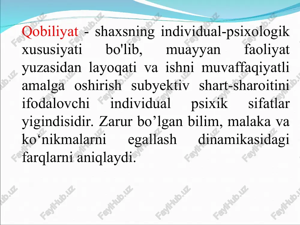 m faoliyatidagina mavjud bo’lgan sifatlaridir. eslatma! psixologiyada qobiliyat - insonning kasbiy bilim, ko‘nikma va malakalarni qiyinchiliksiz, osonlik bilan mukammal egallashi va biror faoliyat bilan muvaffaqiyatli shug‘ullanishiga aytiladi. u o’qituvchining kasbiy faoliyatida ham yorqin namoyon bo’ladi. biror faoliyatning muvaffaqiyatli, mustaqil va mukammal bajarilishini ta’minlaydigan noyob qobiliyatlar birikmasi talant deyiladi pedagogik qobiliyat kommunikativ qobiliyat; perseptiv qobiliyat; empatik qobiliyat; ta`lim jarayonini muqobillashtirish qobiliyati; didaktik qobiliyat; tashkilotchilik qobiliyati; konstruktiv qobiliyati; bilish qobiliyati; anglash (tushunish) qobiliyati kommunikativ qobiliyat o’qituvchining pedagogik jamoa va ota- onalar, mahalla ahli bilan bo’ladigan o‘zaro muloqotida, ularning ruhiy holatlarini tushunish va ularga hamdard bo’lish, muloqotga kirishishida pok ko‘ngillilik. o’qituvchi bunda psixologik bilimlarga ega bo’lishi, muomala madaniyatini muntazam o‘zida shakllanib borishi lozim. perseptiv qobiliyat tashqi olamni va muhitni sezish, idrok etish, ya’ni kuzatuvchanlik muhim rol o‘ynaydi. o'qituvchining shijoati natijasida rivojlanadi, takomillashadi. o’qituvchi o‘quvchining psixologiyasini, psixik holati o‘ziga singdirib idrok etadi, sinf jamoasining holatiga pedagogik vaziyatiga oqilona baho beradi. empatik qobiliyat: bolalarga bo`lgan …