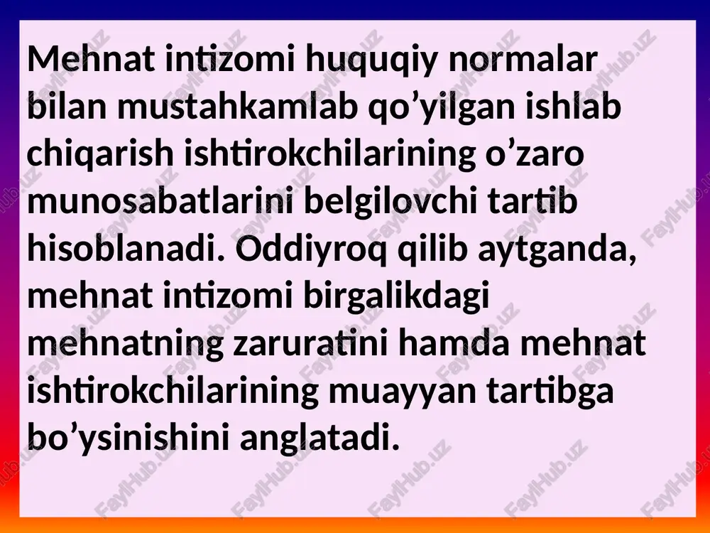 an tasdiqlanadi. intizom to‘g‘risidagi ustavlar va nizomlarda ularning amal qilishi o‘ziga nisbatan tatbiq etiladigan xodimlarning doirasi belgilanadi, xodimlarning, shuningdek intizomiy jazo choralarini qo‘llash huquqiga ega bo‘lgan mansabdor shaxslarning huquq va majburiyatlari, rag‘batlantirishlarning, intizomiy jazolarning turlari, ularni qo‘llash tartibi nazarda tutiladi. 298-modda. mehnat tartibini tartibga soluvchi ichki hujjatlar qoidalarining haqiqiy emasligi xodimning holatini mehnat to‘g‘risidagi qonunchilik, jamoa kelishuvlari yoki jamoa shartnomasiga nisbatan yomonlashtiruvchi mehnat tartibini tartibga soluvchi ichki hujjatlar qoidalari haqiqiy emasdir. 299-modda. mehnat uchun rag‘batlantirish ishdagi yutuqlar uchun xodimga nisbatan rag‘batlantirish choralari qo‘llanilishi mumkin. rag‘batlantirish turlari, ularni qo‘llash tartibi jamoa kelishuvlarida, jamoa shartnomasida, ichki mehnat tartibi qoidalari hamda mehnat to‘g‘risidagi boshqa huquqiy hujjatlarda va mehnat shartnomasida belgilanadi. 300-modda. xodimning intizomiy javobgarligi intizomiy javobgarlik xodim tomonidan intizomiy qilmish (ushbu kodeks 301-moddasining ikkinchi qismi) sodir etilganligi uchun yuzaga keladigan va ushbu xodimga nisbatan intizomiy jazo chorasi qo‘llanilishida ifodalanadigan yuridik javobgarlikdir. intizomiy javobgarlikning turlari umumiy va maxsus intizomiy javobgarlikdan iboratdir. umumiy intizomiy javobgarlik …